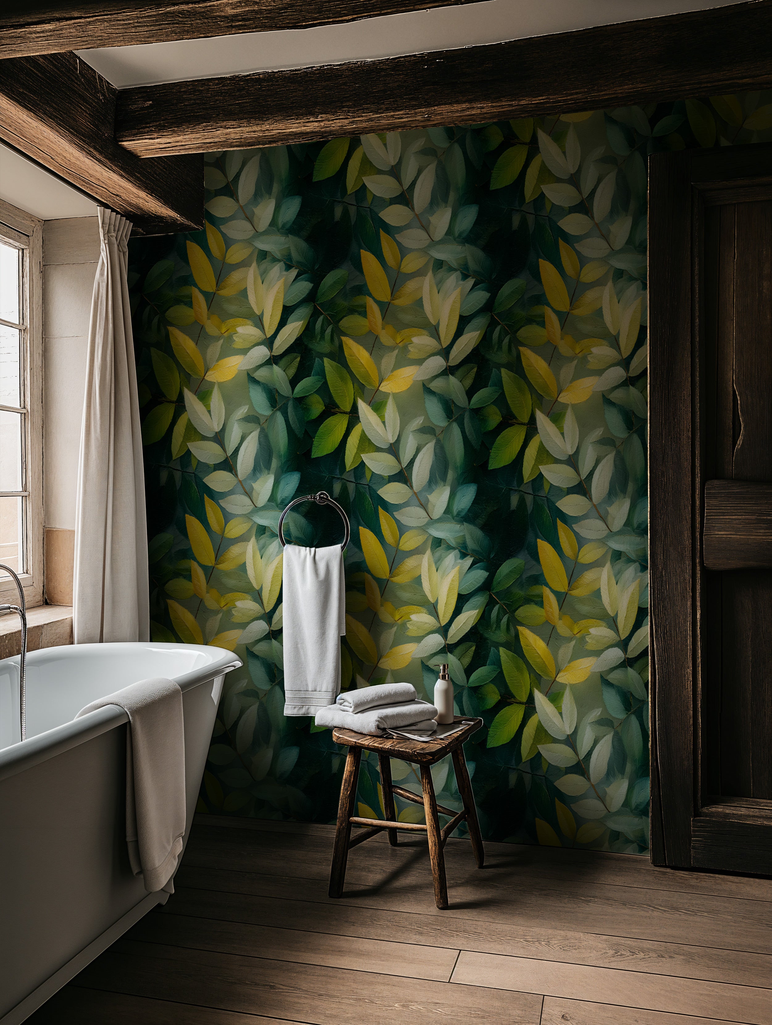 Green botanical wallpaper with green, yellow, and teal tropical leaves in a rustic bathroom setting with a clawfoot tub and w