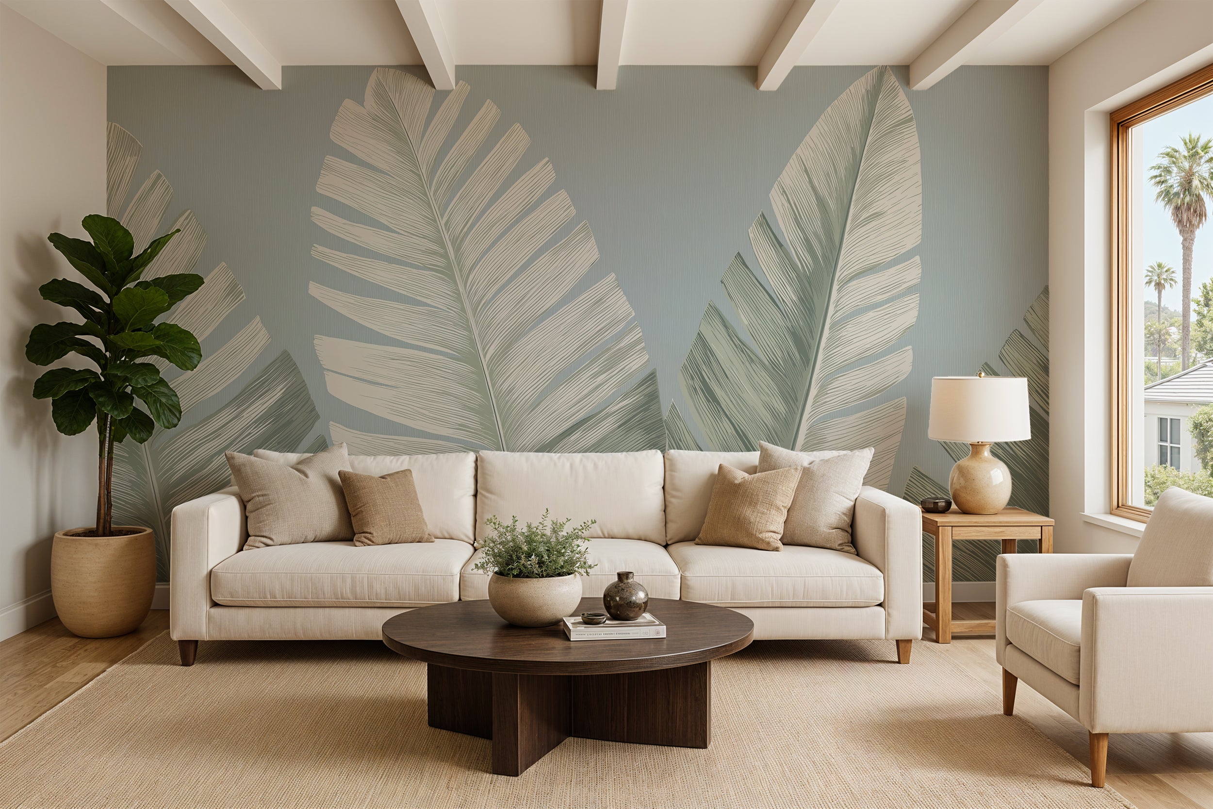 Tropical banana leaf mural in sage green and cream creates a calming living room backdrop with a cream sofa and neutral accen