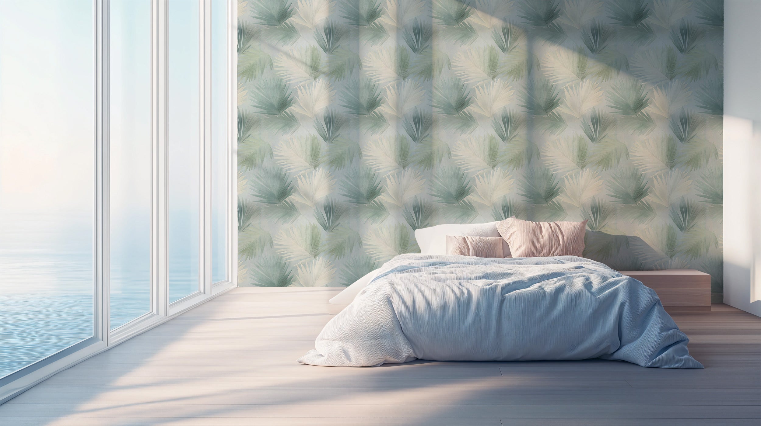 Bright bedroom with tropical palm leaves wallpaper in sage green and cream, soft bedding, and large ocean-view windows