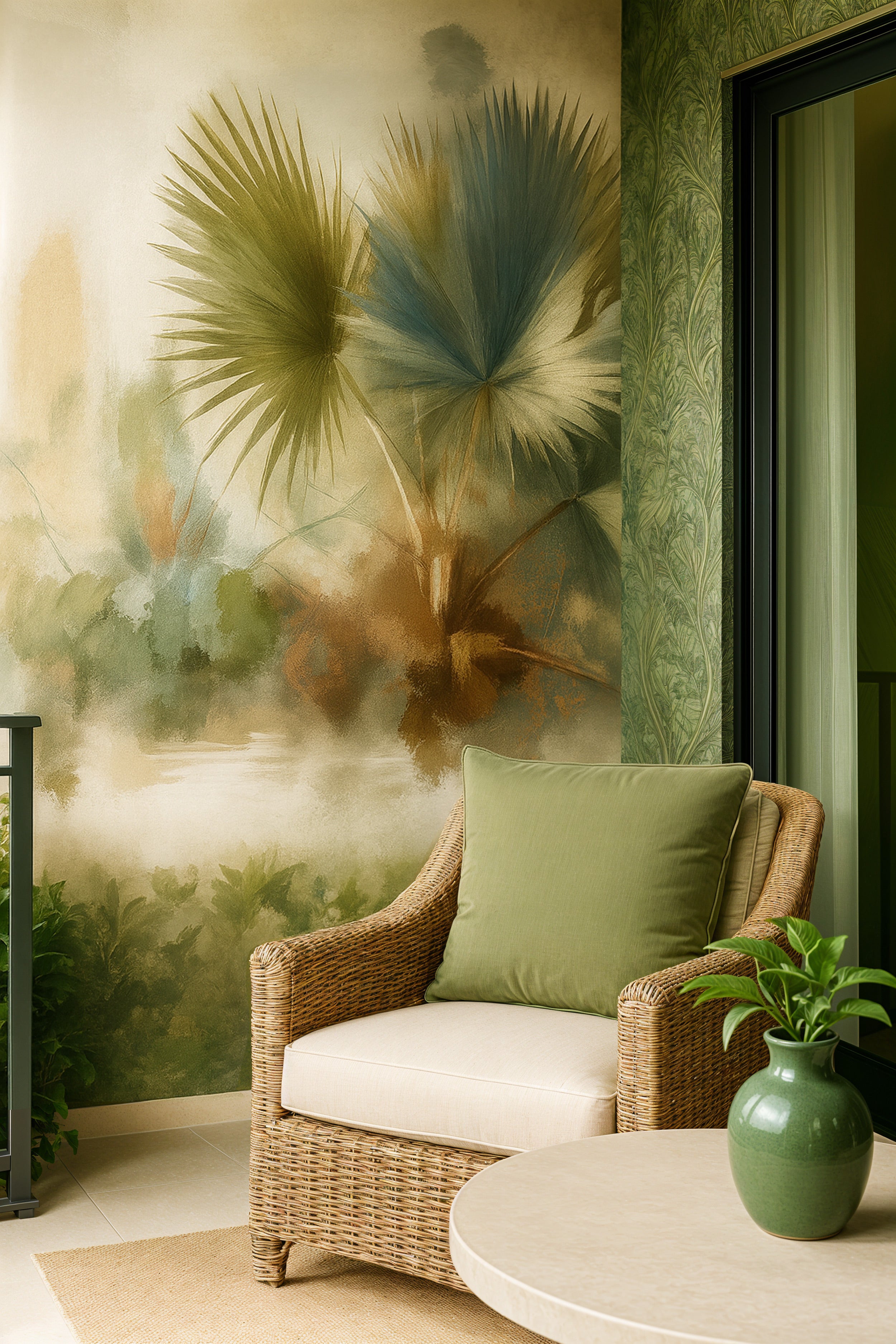 Watercolor palm tree mural in soft earth tones with tropical botanical design on beige walls, green accents and wicker seatin