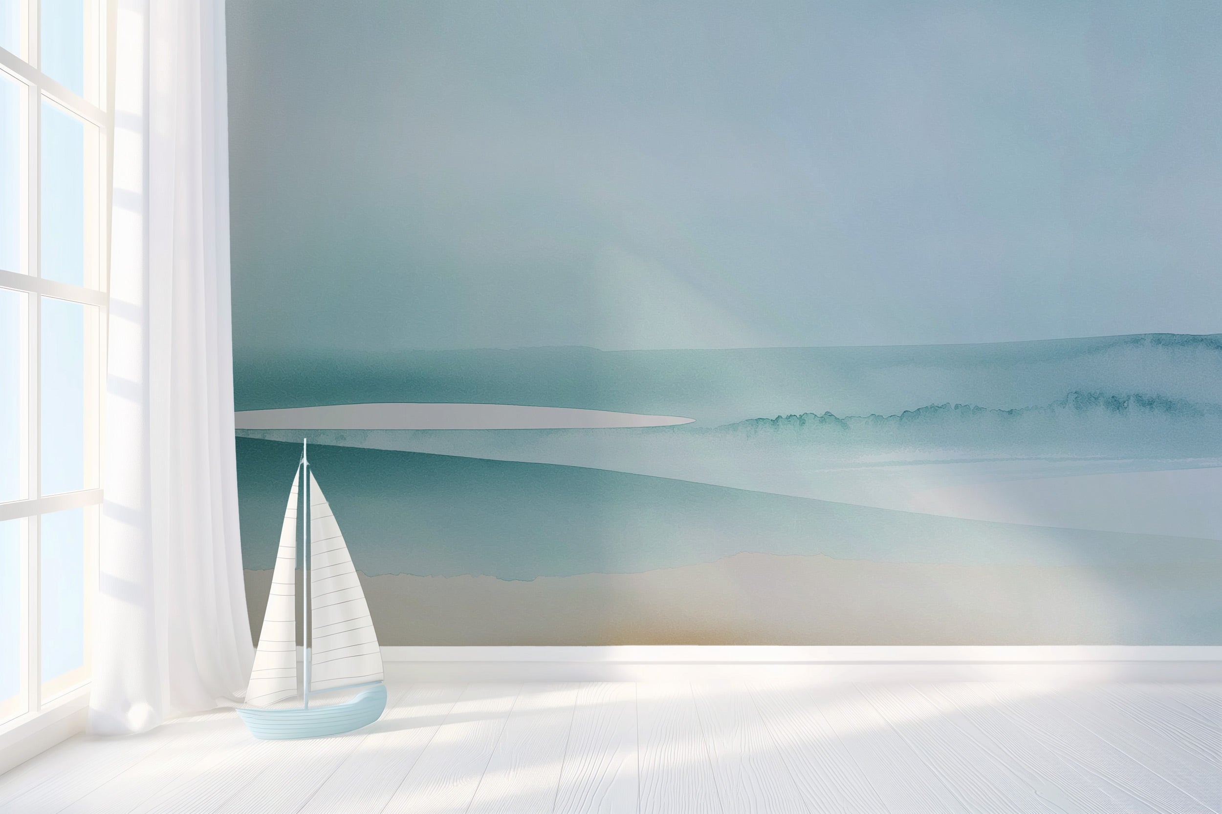 Watercolor ocean waves mural in teal beige tones on a coastal room, sailboat decor by sunny window, serene seascape wall cove