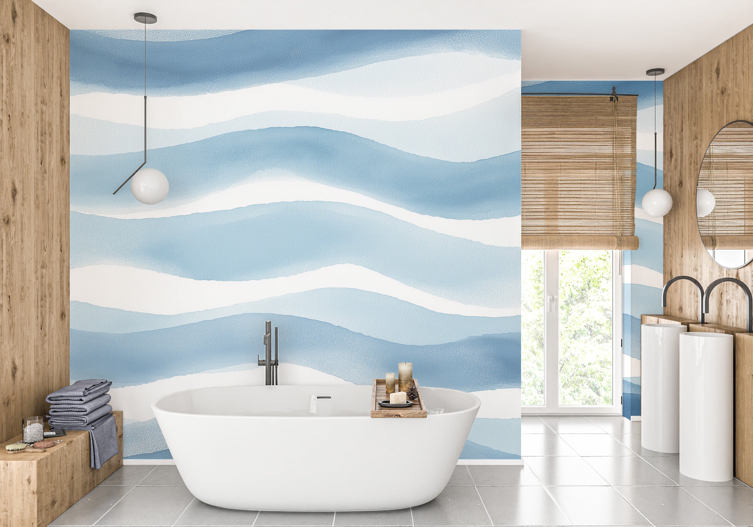Blue abstract wave mural in a modern bathroom with a freestanding bathtub, white fixtures, and natural wood accents in blue a