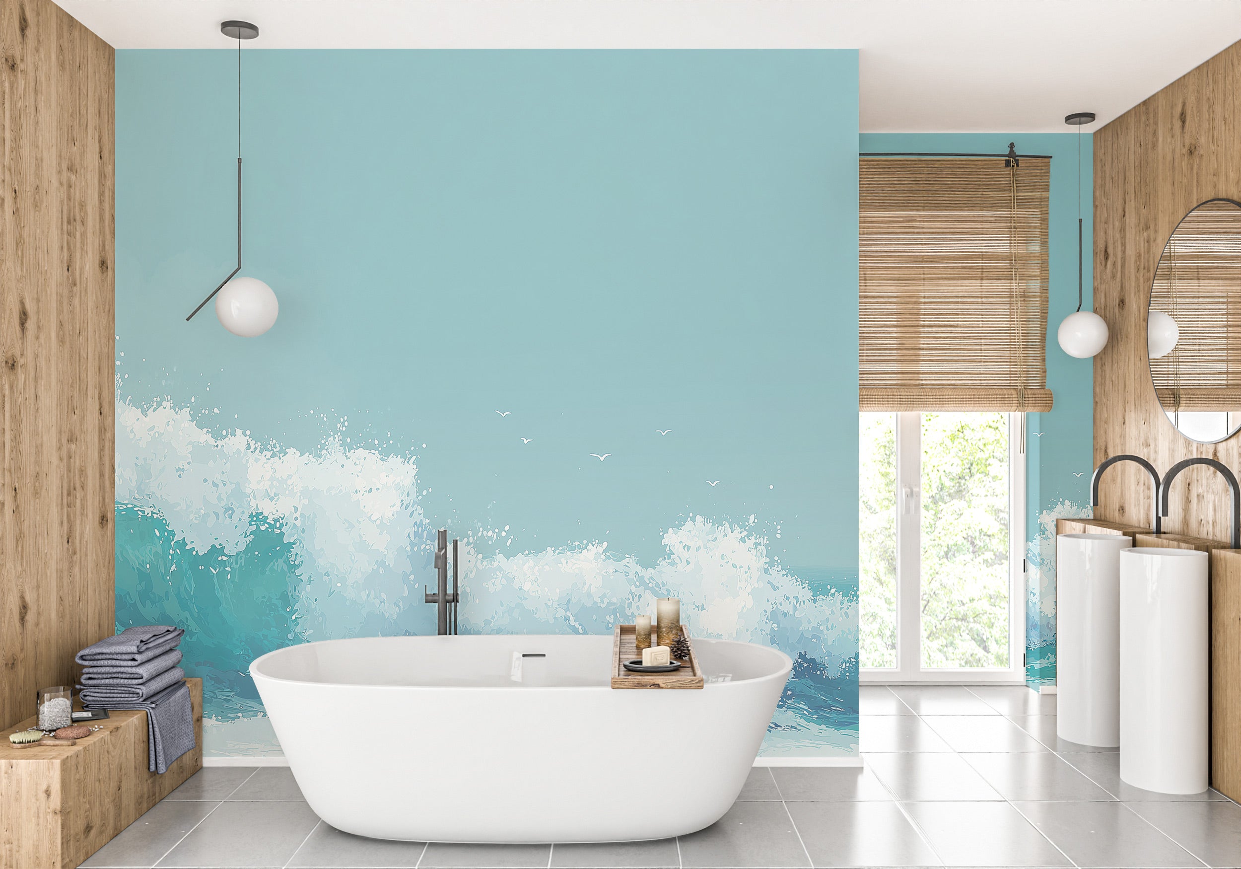 Ocean wave mural in a modern bathroom with turquoise water, white foam, seagulls, and a freestanding tub, peel and stick coas