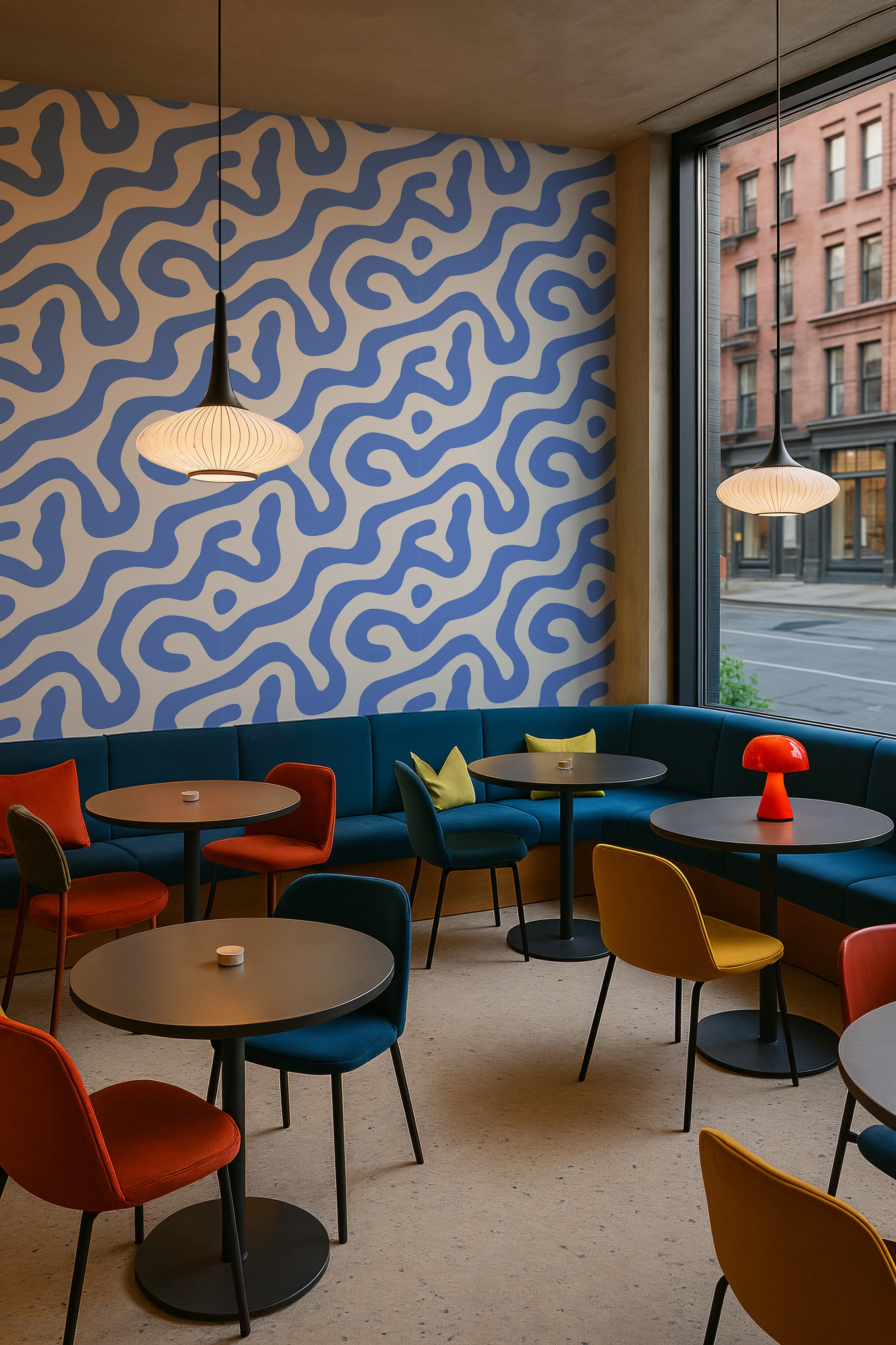 Abstract blue beige swirl wallpaper in a modern cafe with colorful seating and round tables