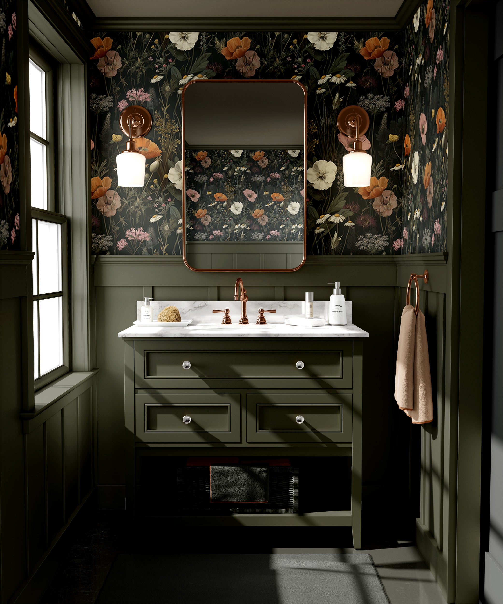 Dark botanical floral wallpaper with dark background visible in a chic green bathroom featuring a marble countertop vanity an
