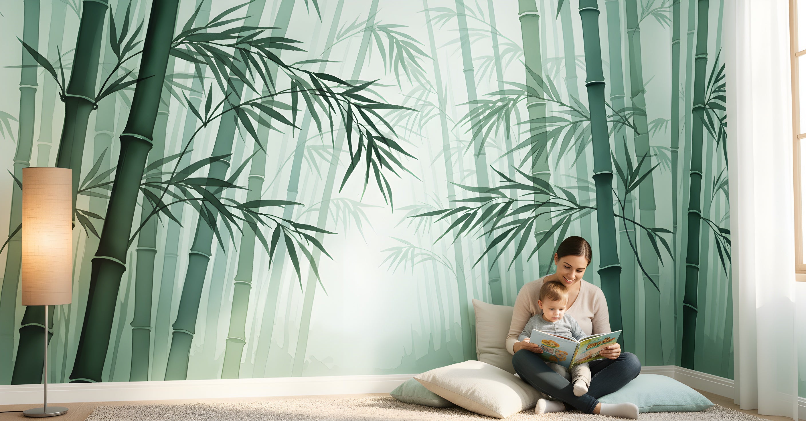 Bamboo forest mural in sage green tones with tall stalks and leaves, living room Zen wall art for bedroom or meditation space