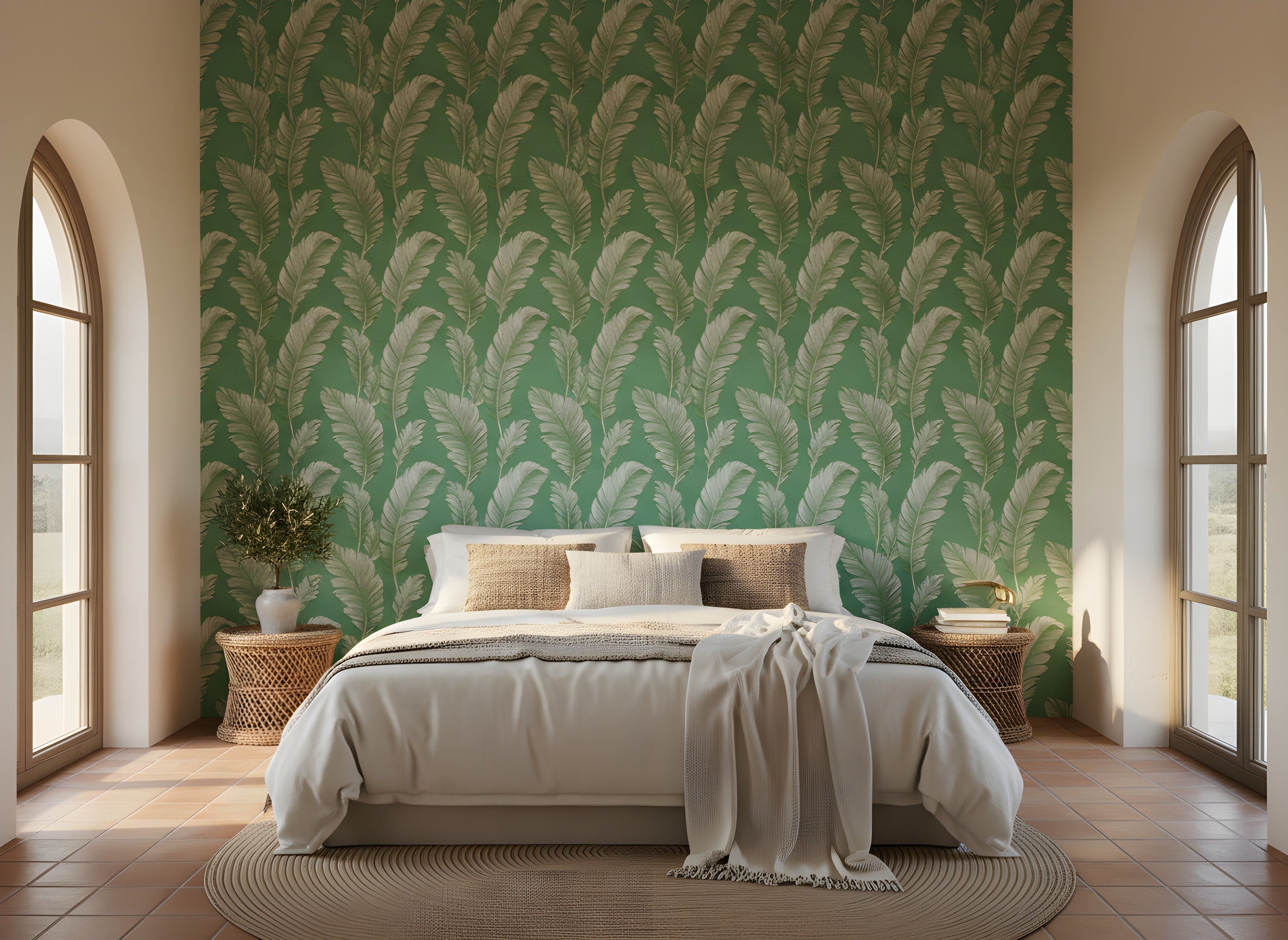 Elegant bedroom with green palm leaves wallpaper as a tropical feature wall, white bedding, and natural wicker bedside tables creating a serene