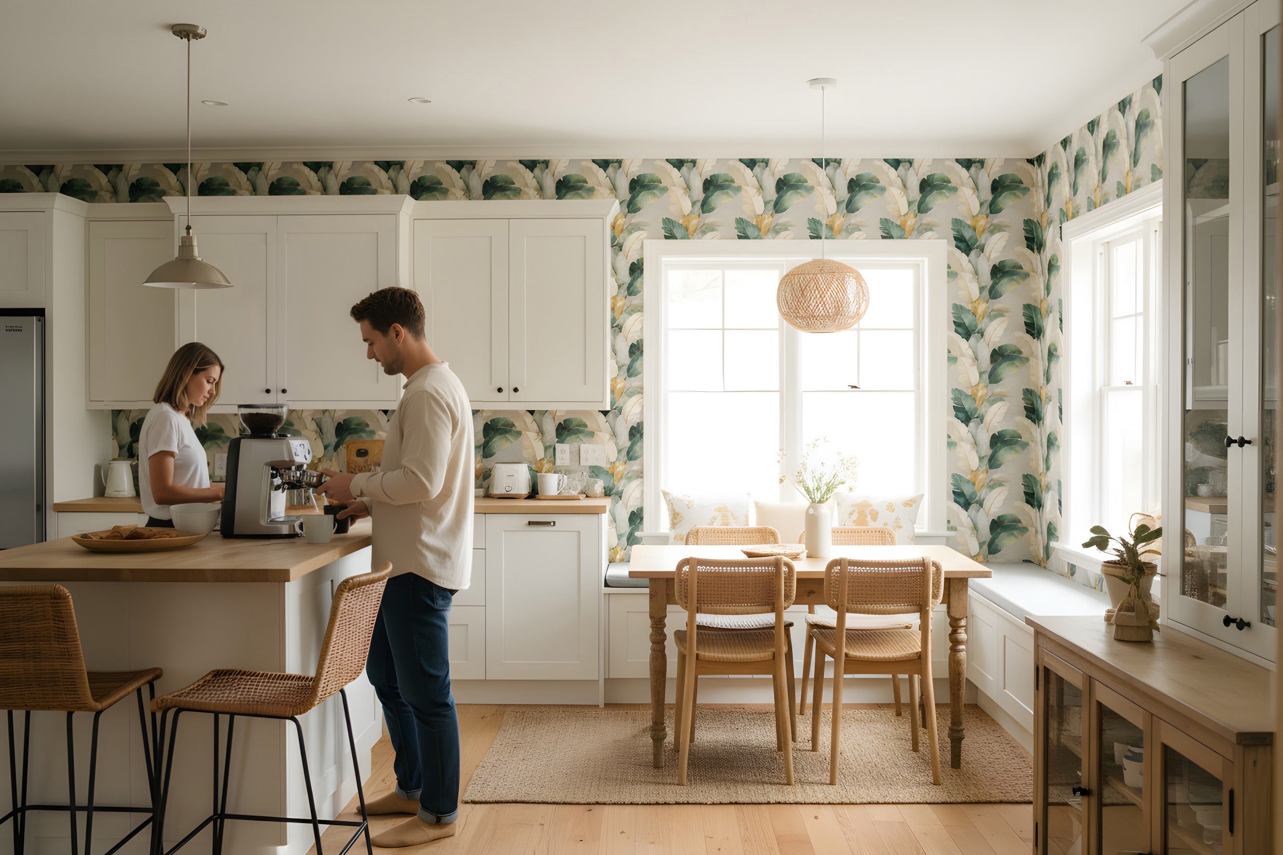 Bright kitchen and dining area with tropical leaves wallpaper in green and cream, gold accents, a white island, wicker chairs, and a sunlit dining