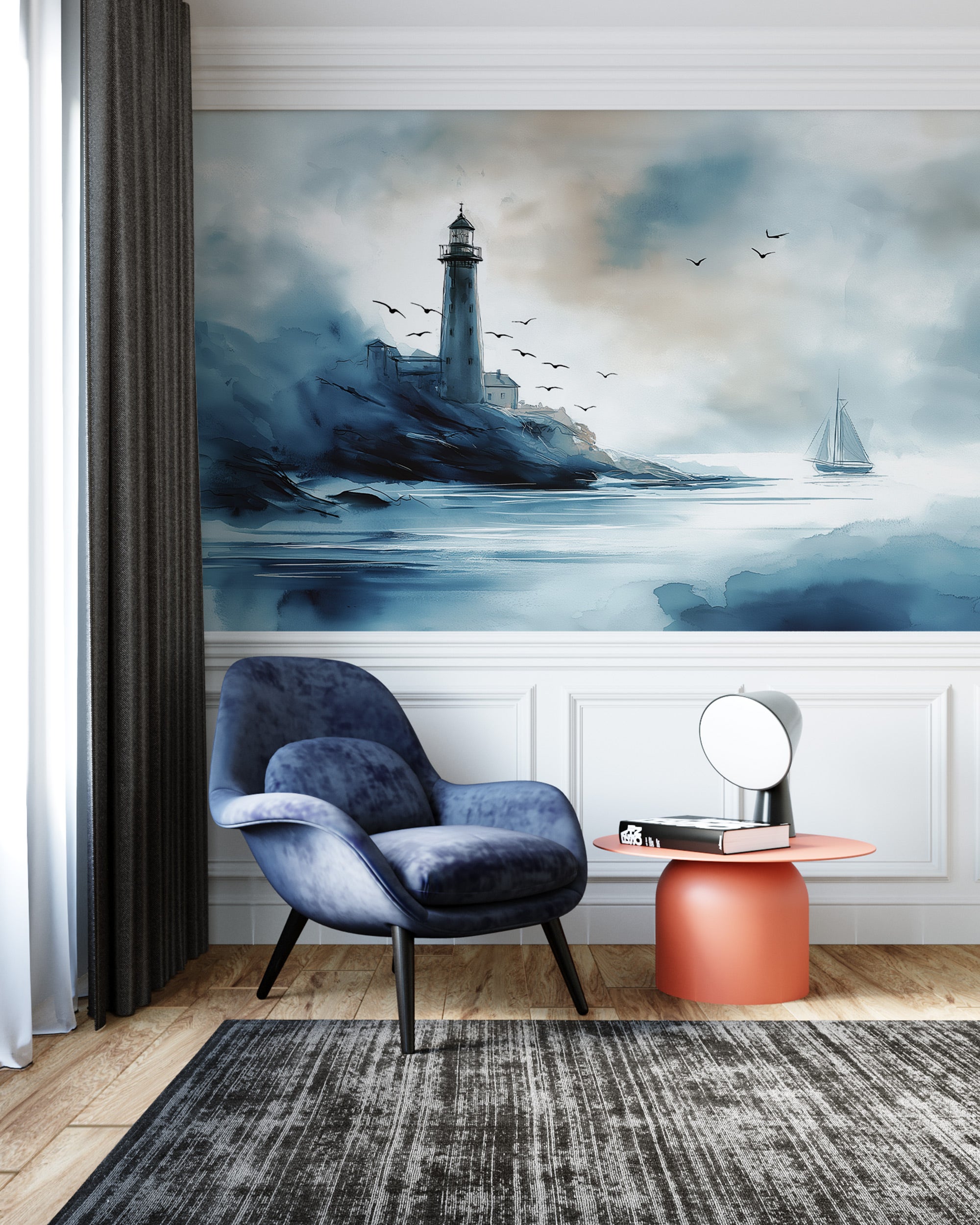 Coastal lighthouse watercolor mural in a bluesy living space with a sailboat, birds, and waves, wall art behind a blue velvet