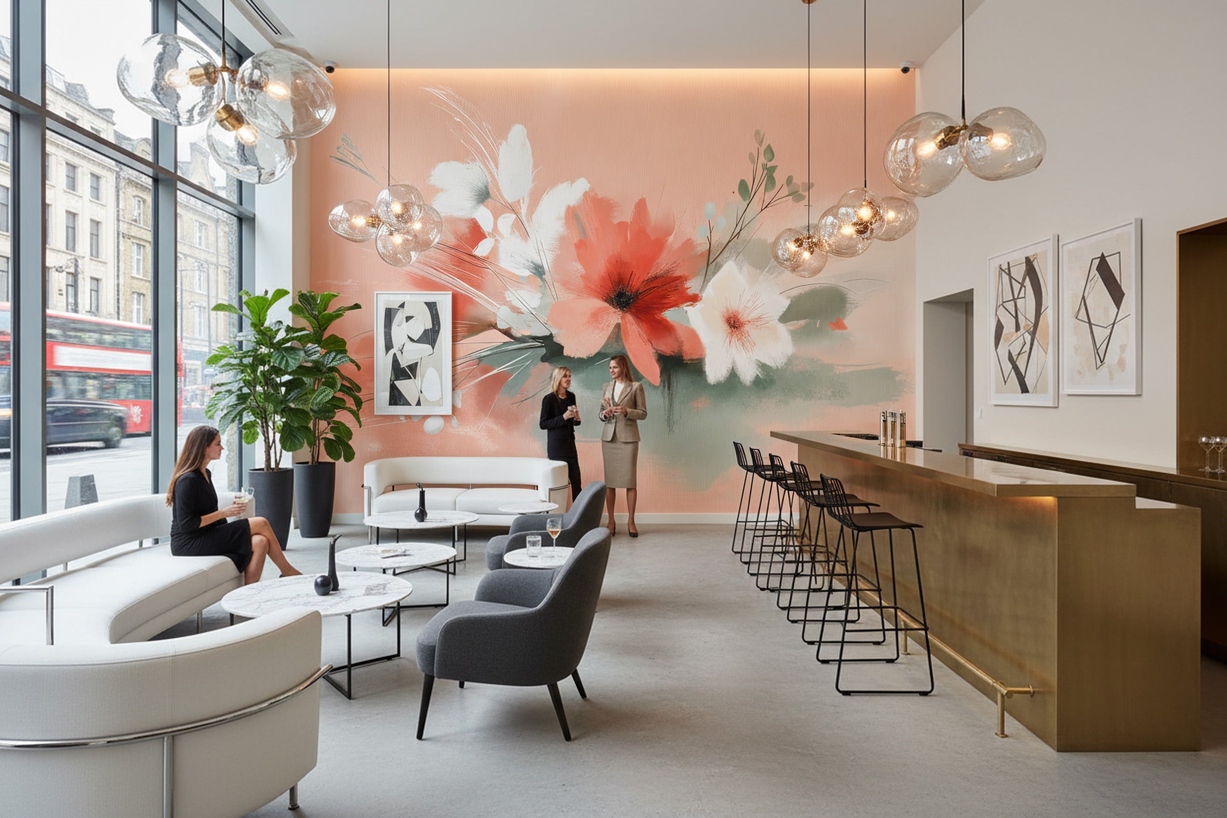 Abstract floral mural in peach coral and sage greens with watercolor blooms on wall behind modern lounge and bar area in brig