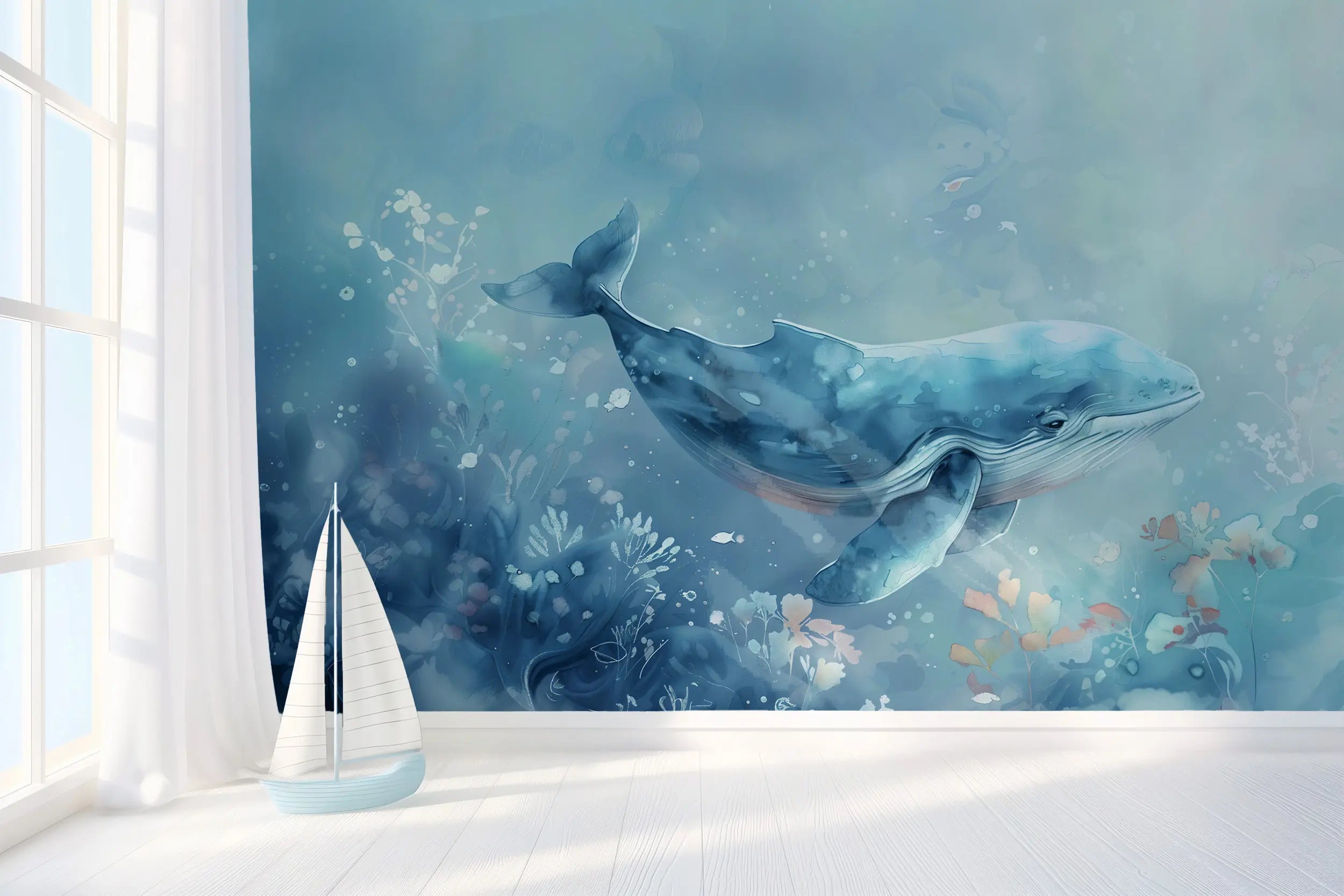 Watercolor whale underwater mural for nursery