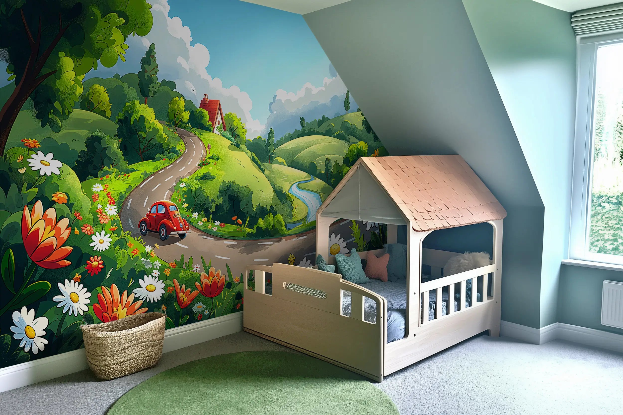 Pastoral adventure wall mural for kids