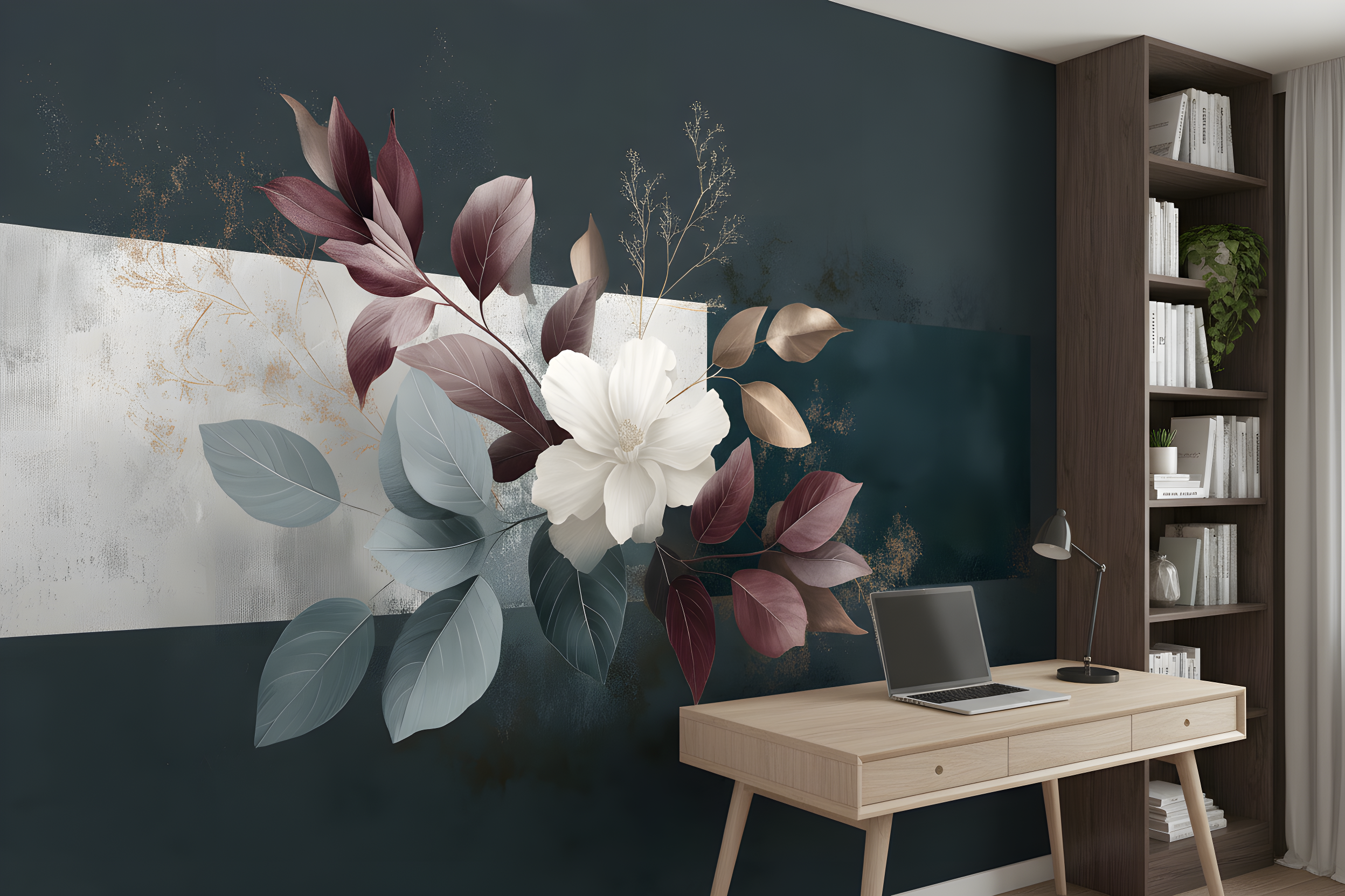 Dark elegant botanical mural with white magnolia bloom and burgundy, sage green, bronze leaves on a navy wall in a modern home office setting