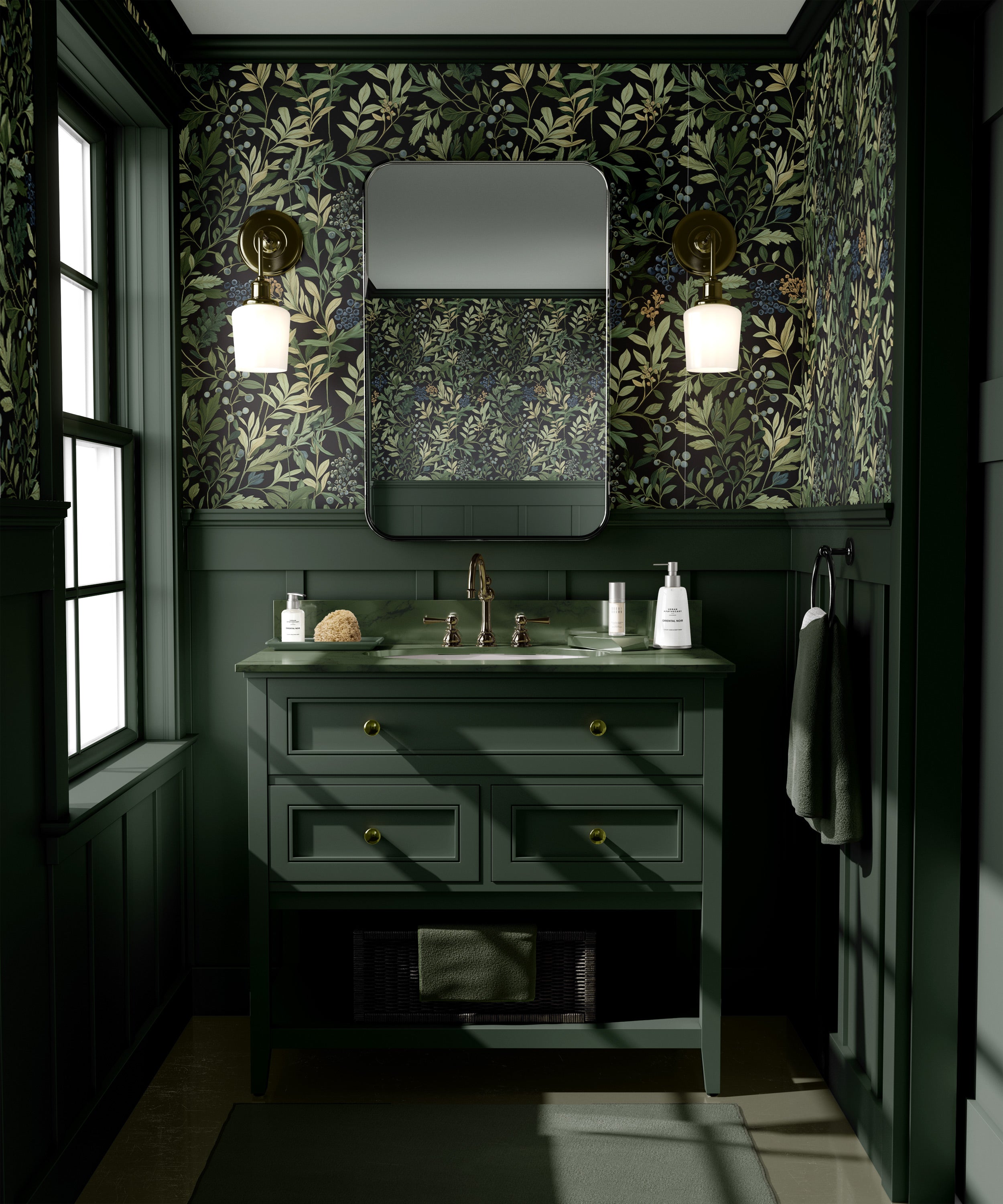 Dark floral botanical wallpaper with green leaves and berries in a luxe green vanity bathroom scene showing peel and stick pa