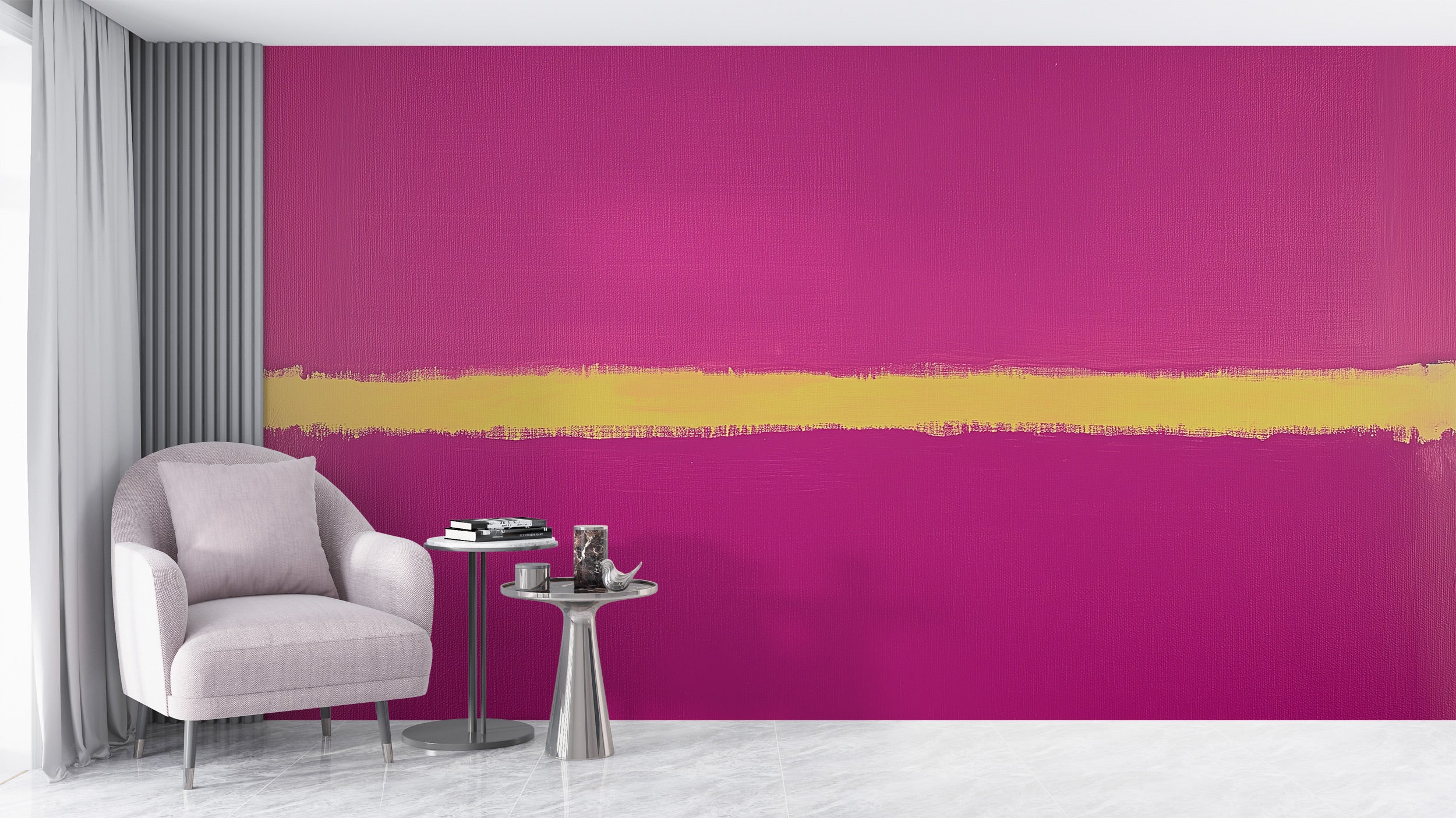 Pink abstract wall mural with a bold magenta backdrop and a gold brushstroke stripe across a modern living room with a soft p