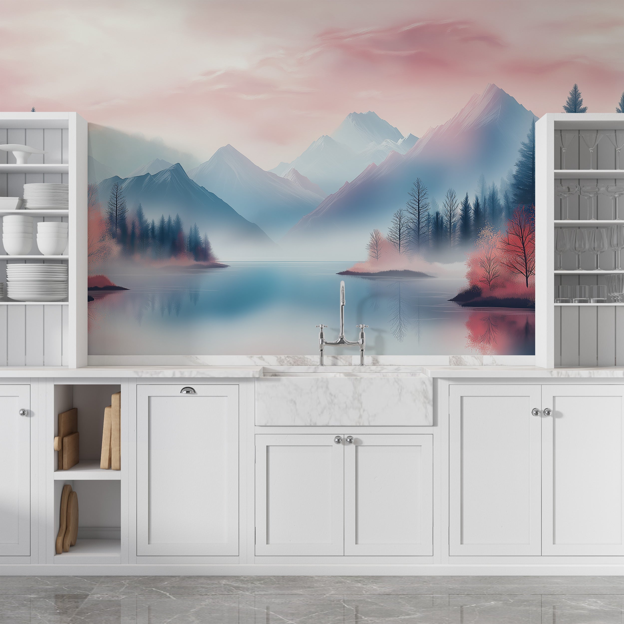 Pastel pink and blue mountain lake mural with snow peaks, mist, and serene reflection, ideal for a tranquil bedroom or living