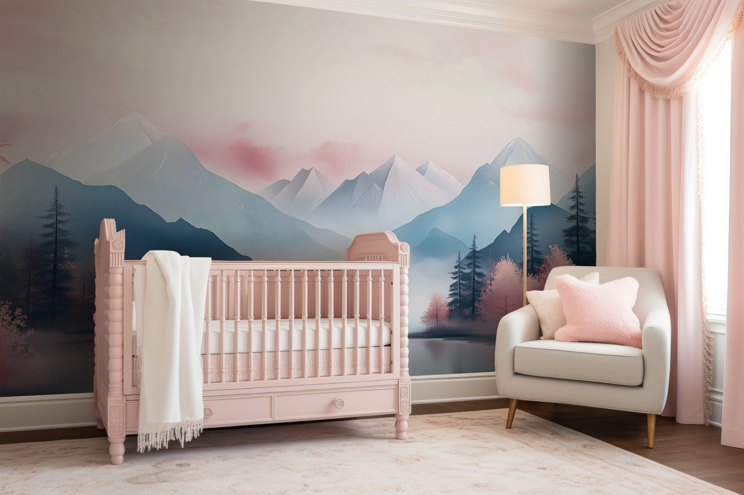 Pink mountain lake mural with cherry blossoms in a pastel bedroom featuring a pink crib and soft sofa, serene misty peaks in