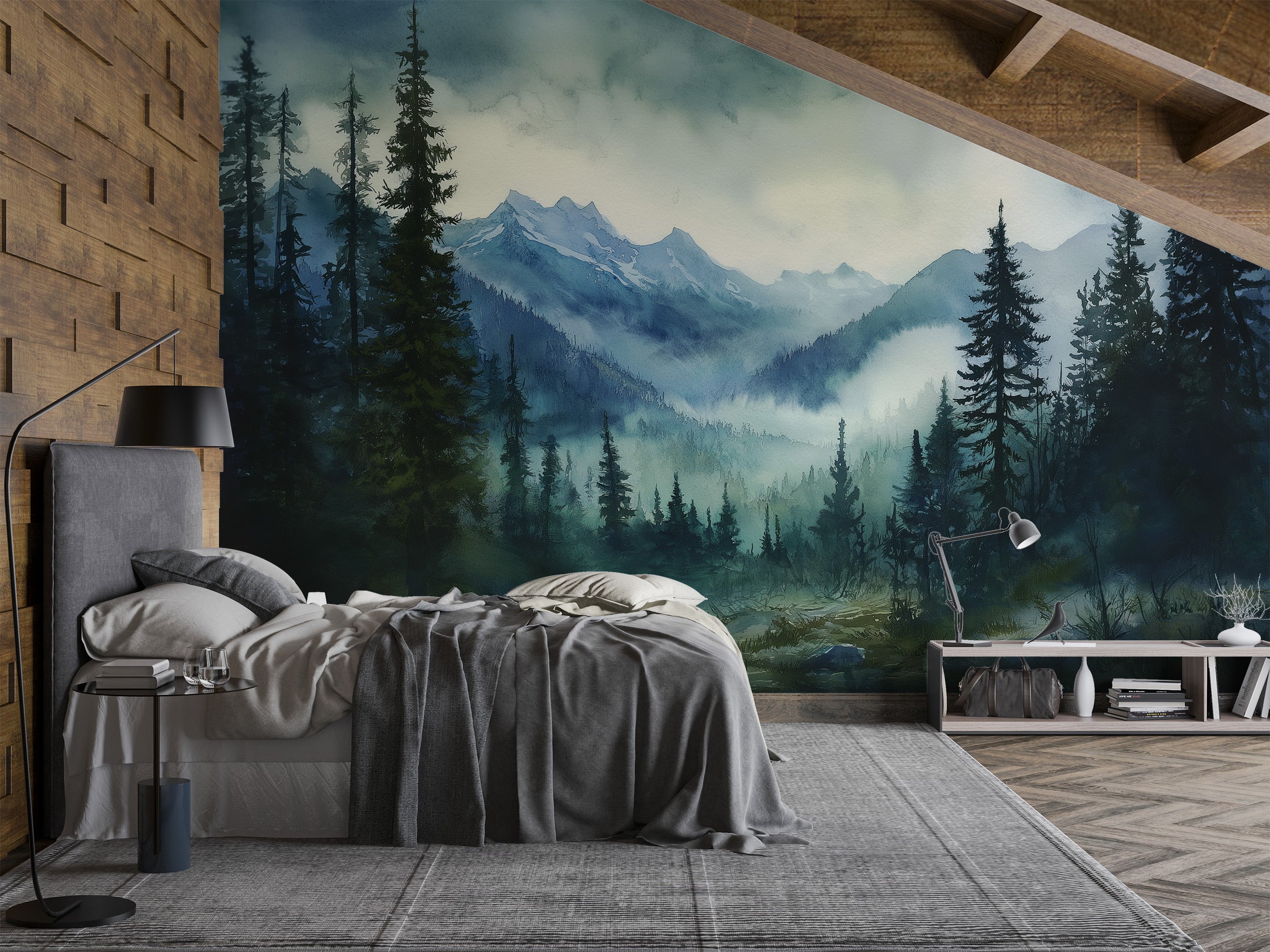 Watercolor mountain forest mural in a bedroom with misty blue peaks, evergreen trees, and a tranquil valley setting under a s