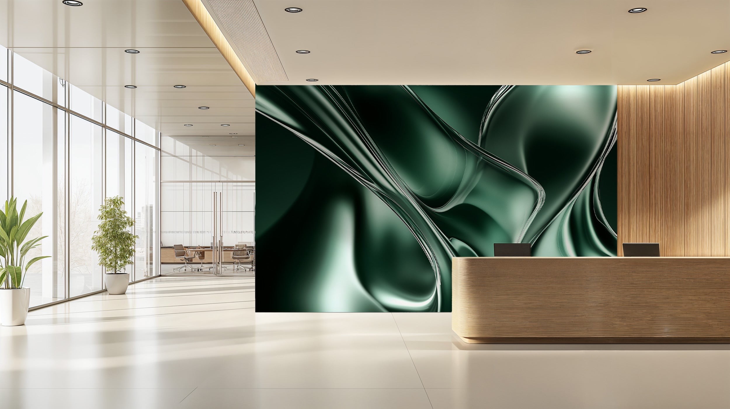 Emerald liquid metal abstract mural with flowing green tones on a modern office reception wall, peel and stick style with lux