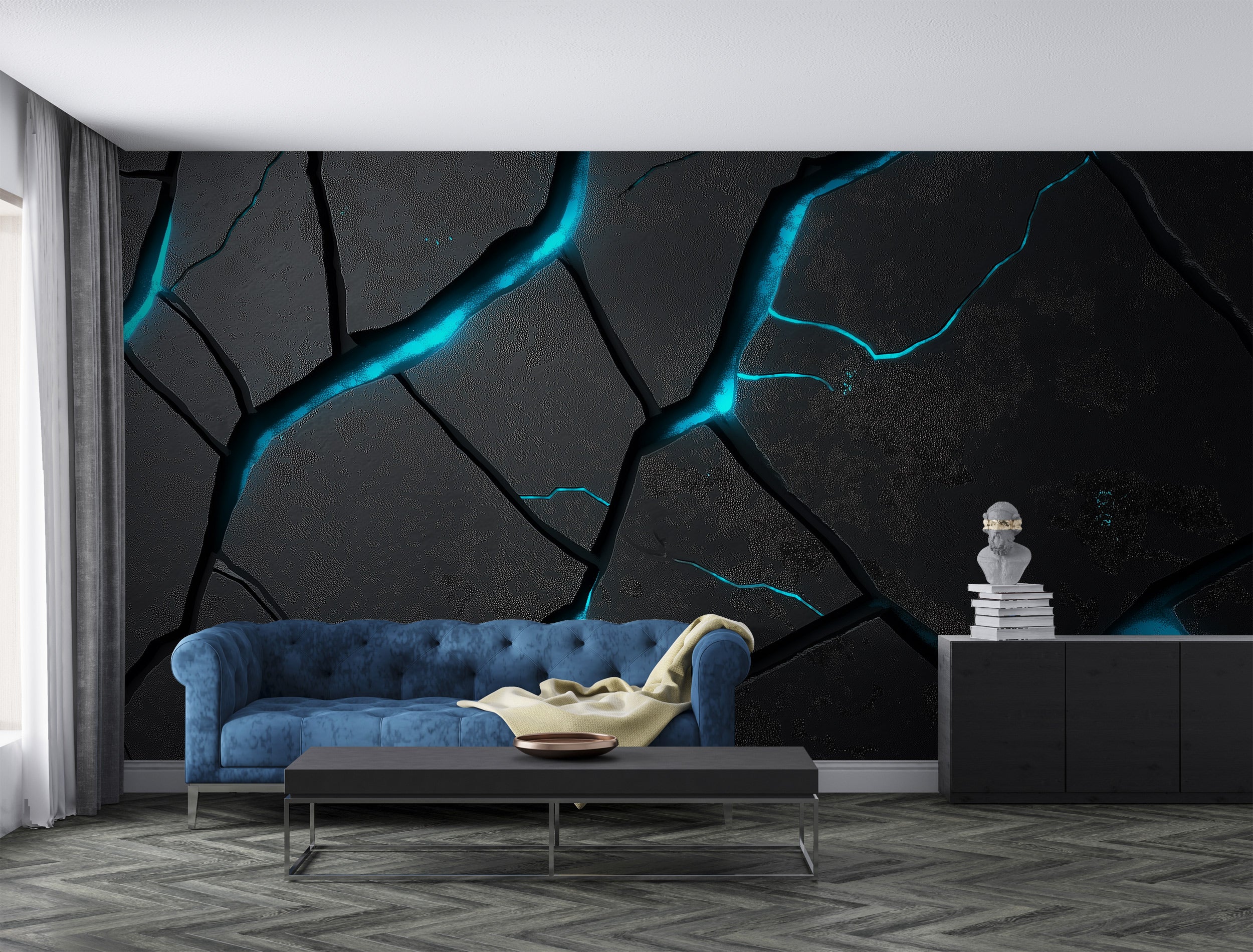 Cracked stone mural with cyan blue illumination on a modern living room wall behind a blue tufted sofa and black console