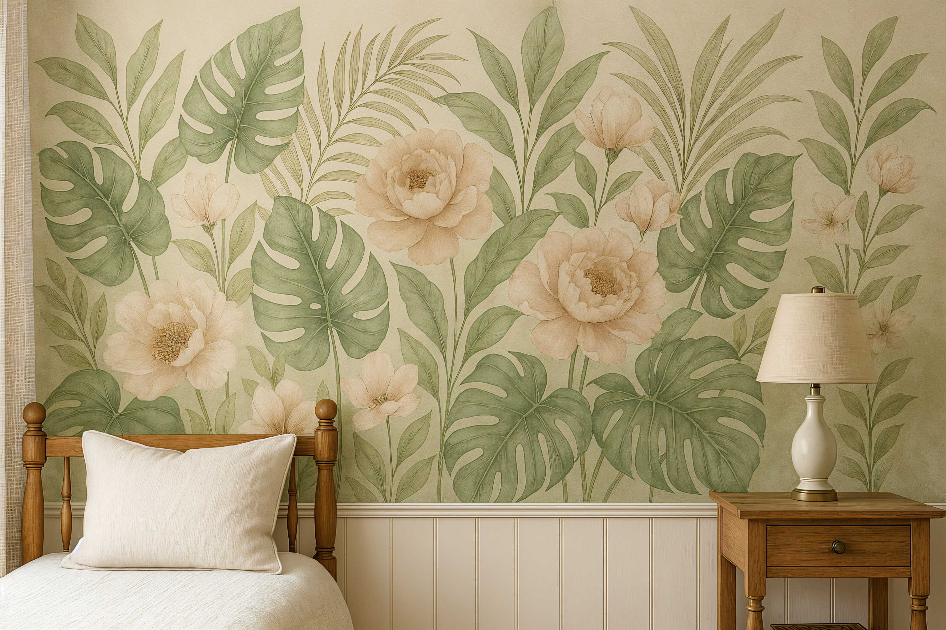 Tropical floral mural with peach peonies and green monstera leaves in a serene bedroom setting with cream tones and a wooden