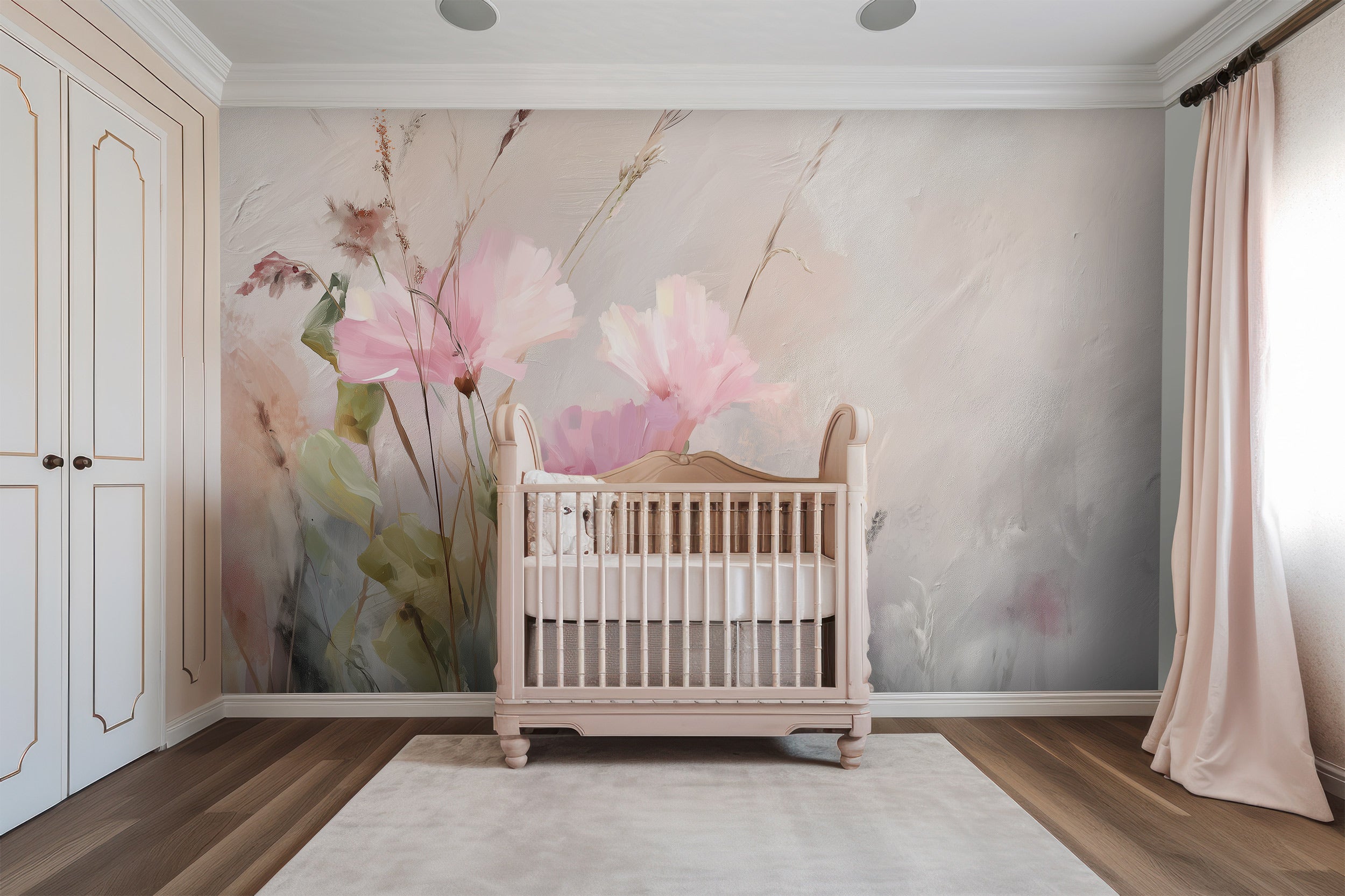 Soft pink watercolor floral mural in a nursery with a pale pink crib, light curtains, and a neutral rug for a serene bedroom