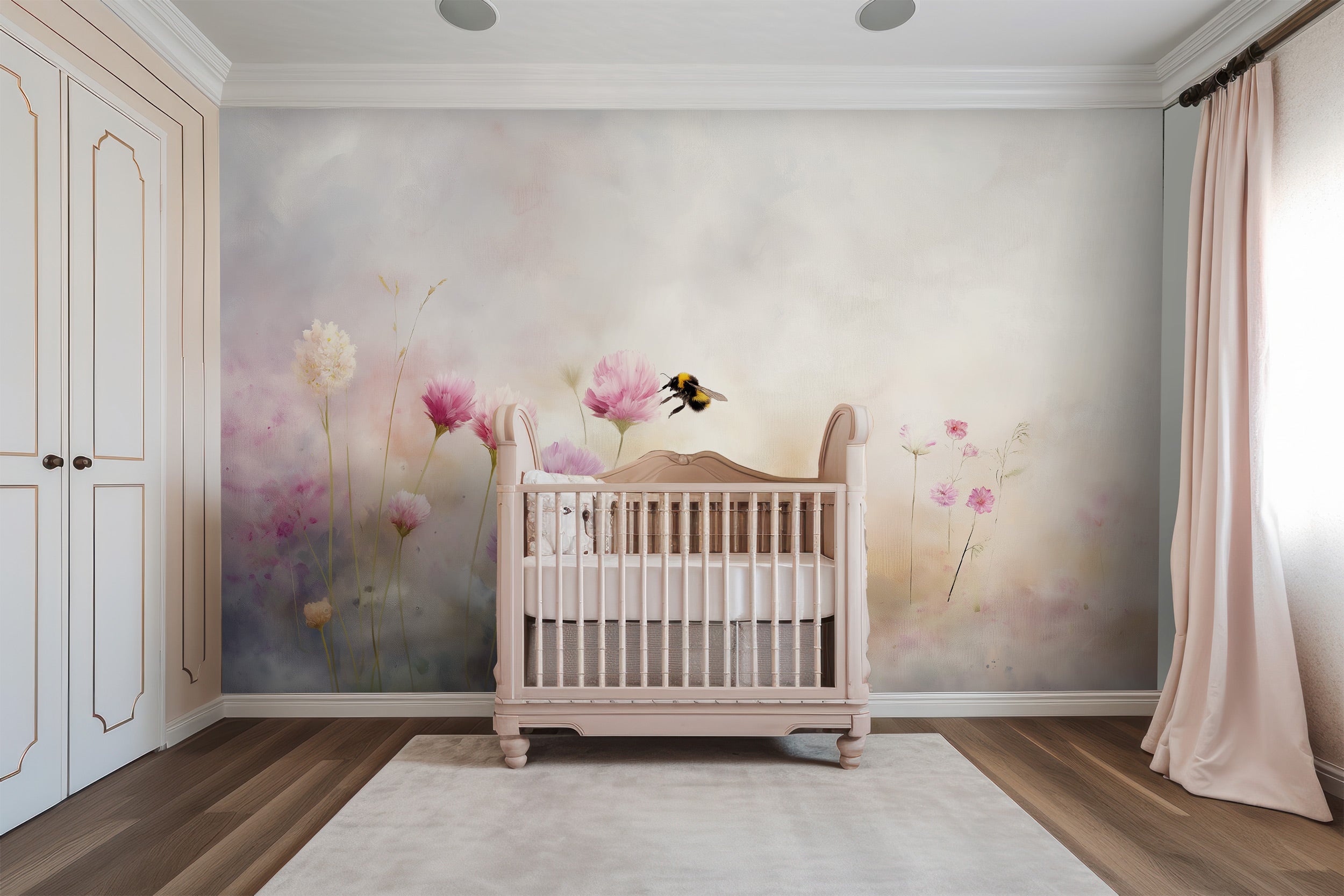 Watercolor meadow mural with pink cosmos flowers and a bumblebee in a pastel nursery setting featuring a pale pink crib and s