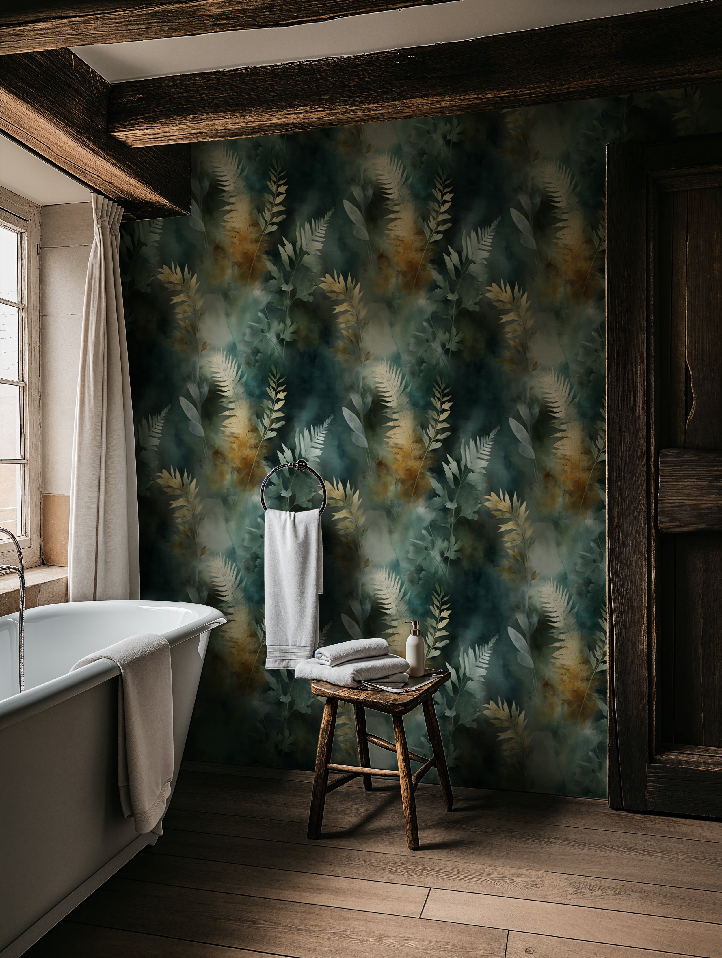 Botanical watercolor fern wallpaper mural in teal and gold tones, lush leaf pattern on a spa-like wall behind a wooden stool