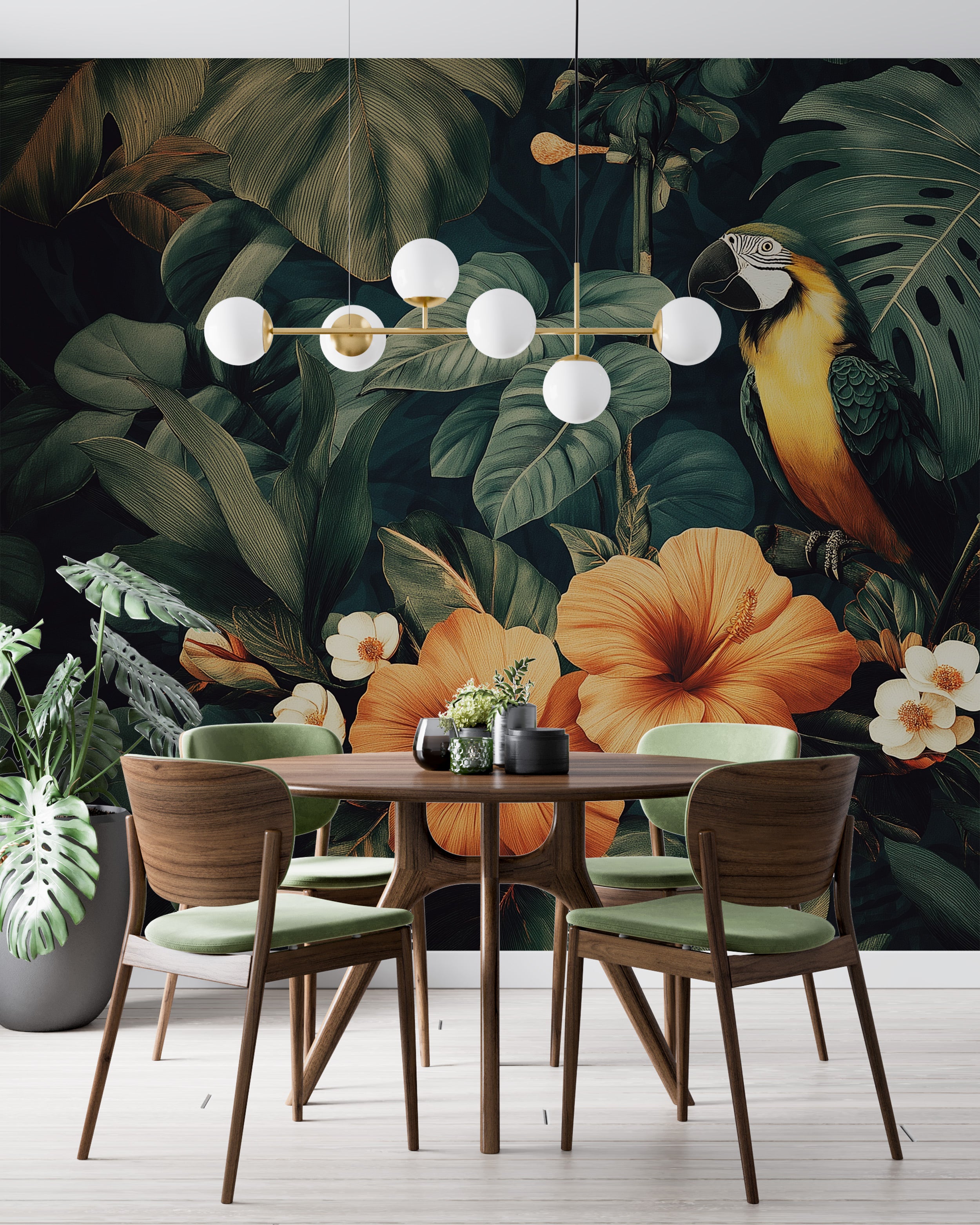Tropical paradise mural in a dining room with a vibrant parrot and hibiscus botanical backdrop, set beside a wood table and g
