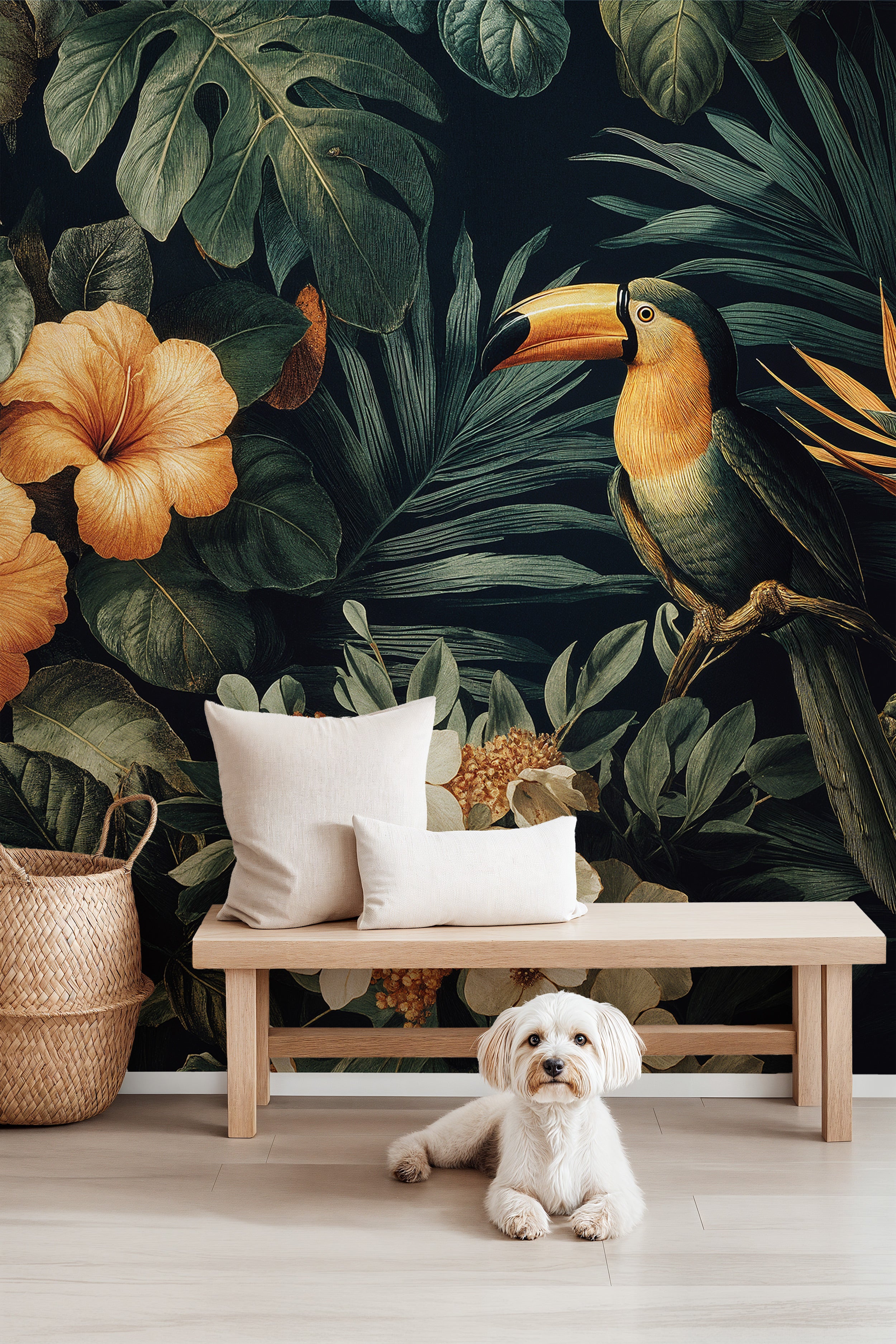 Tropical toucan mural in a lush jungle setting with hibiscus flowers and green leaves, peel and stick removable wall art for