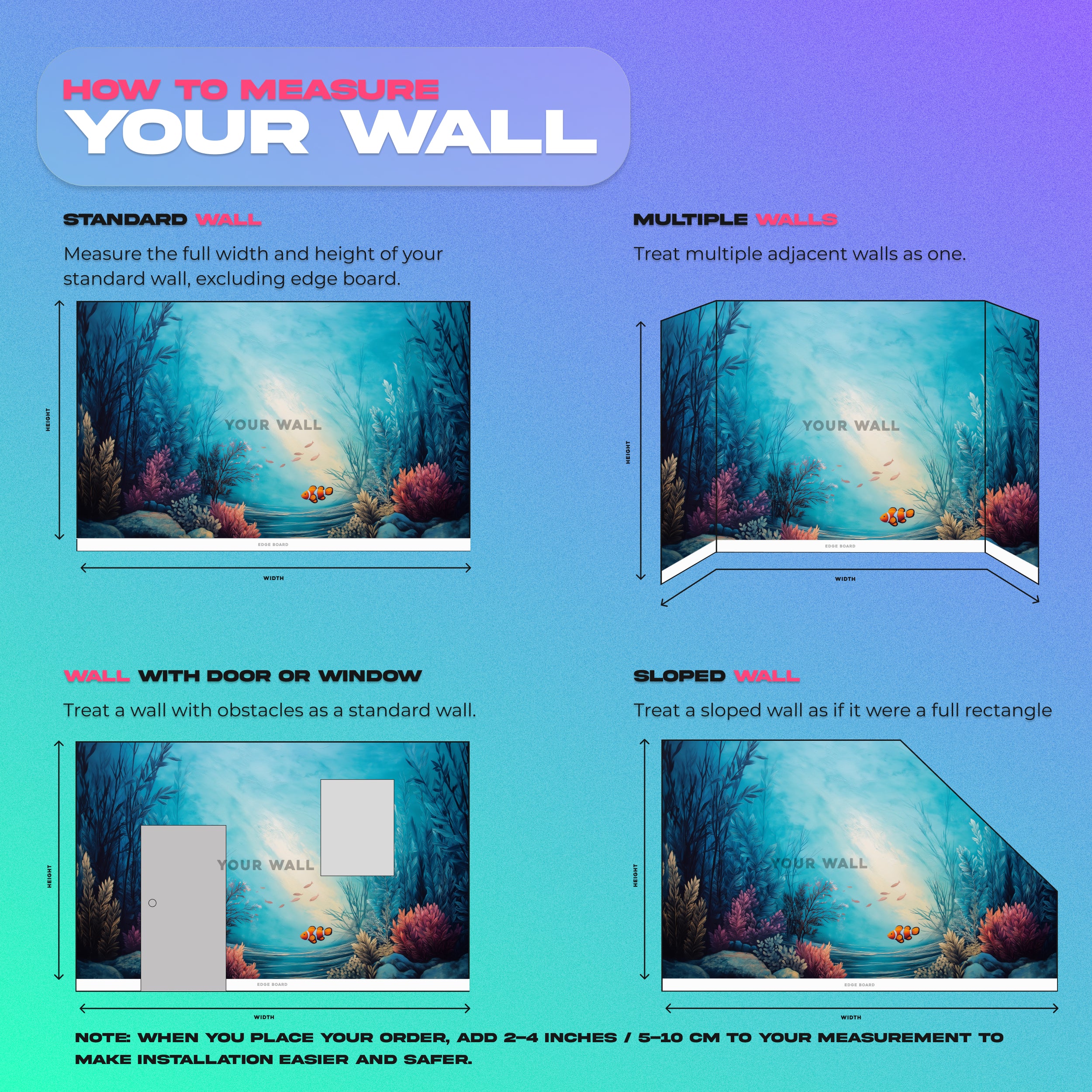 Underwater coral reef mural with turquoise seawater, colorful coral, and clownfish in a tropical ocean scene for a bedroom wa