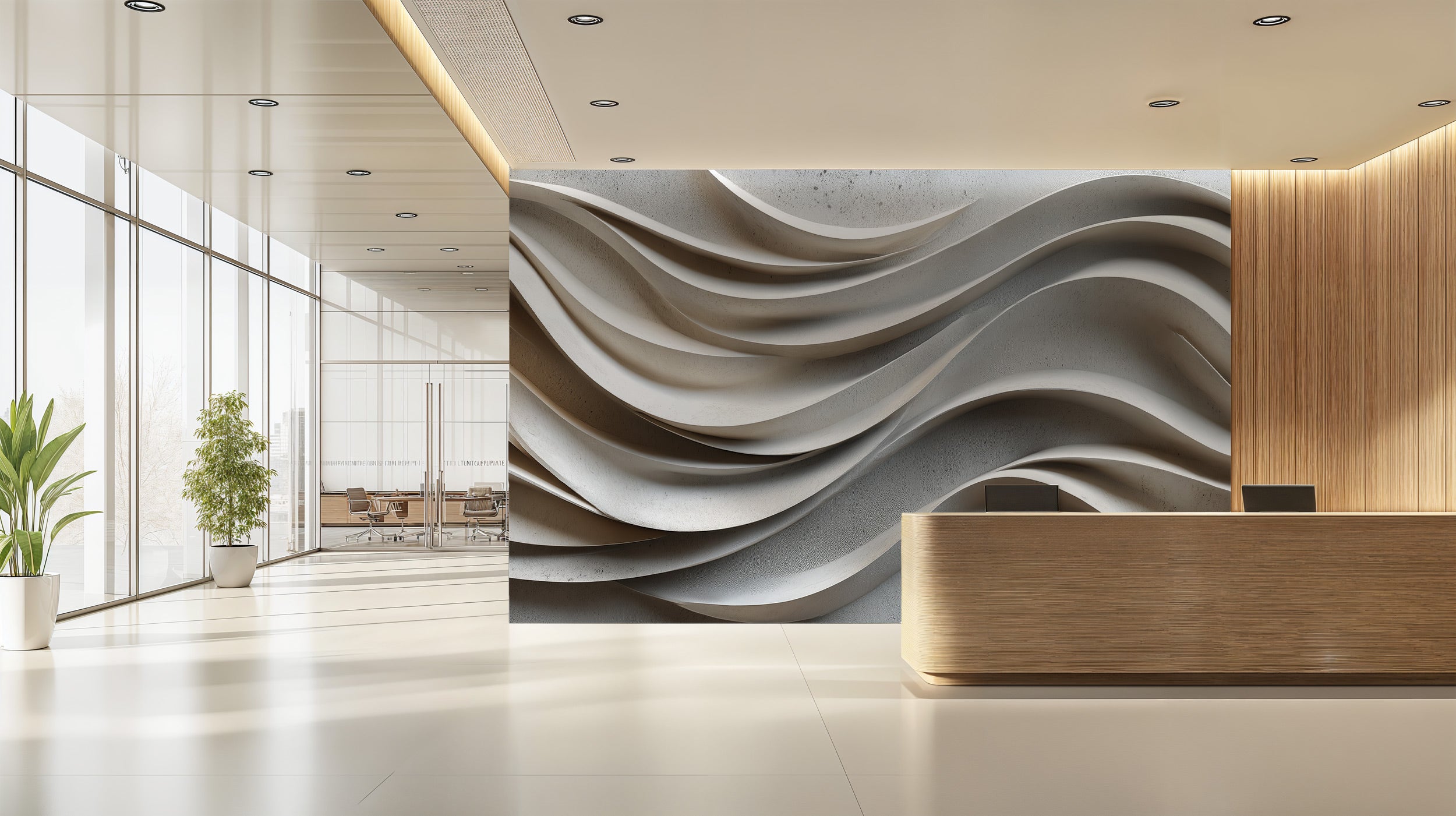 Neutral 3D wave mural with sculptural flowing beige and white curves on a modern reception wall in a bright office lobby