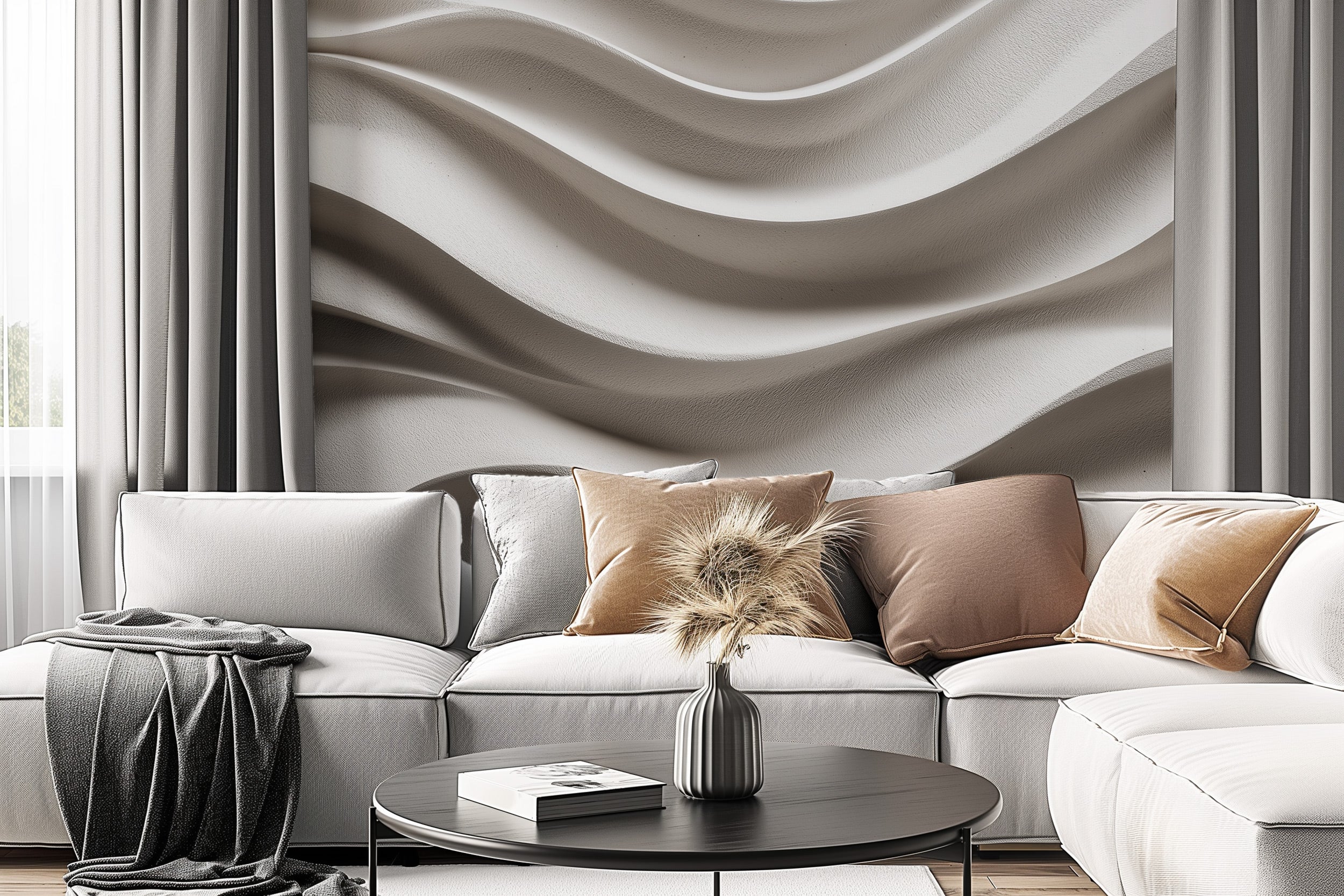 Abstract concrete wave mural in beige tones on living room wall with flowing 3D texture, neutral sofa and soft pillows