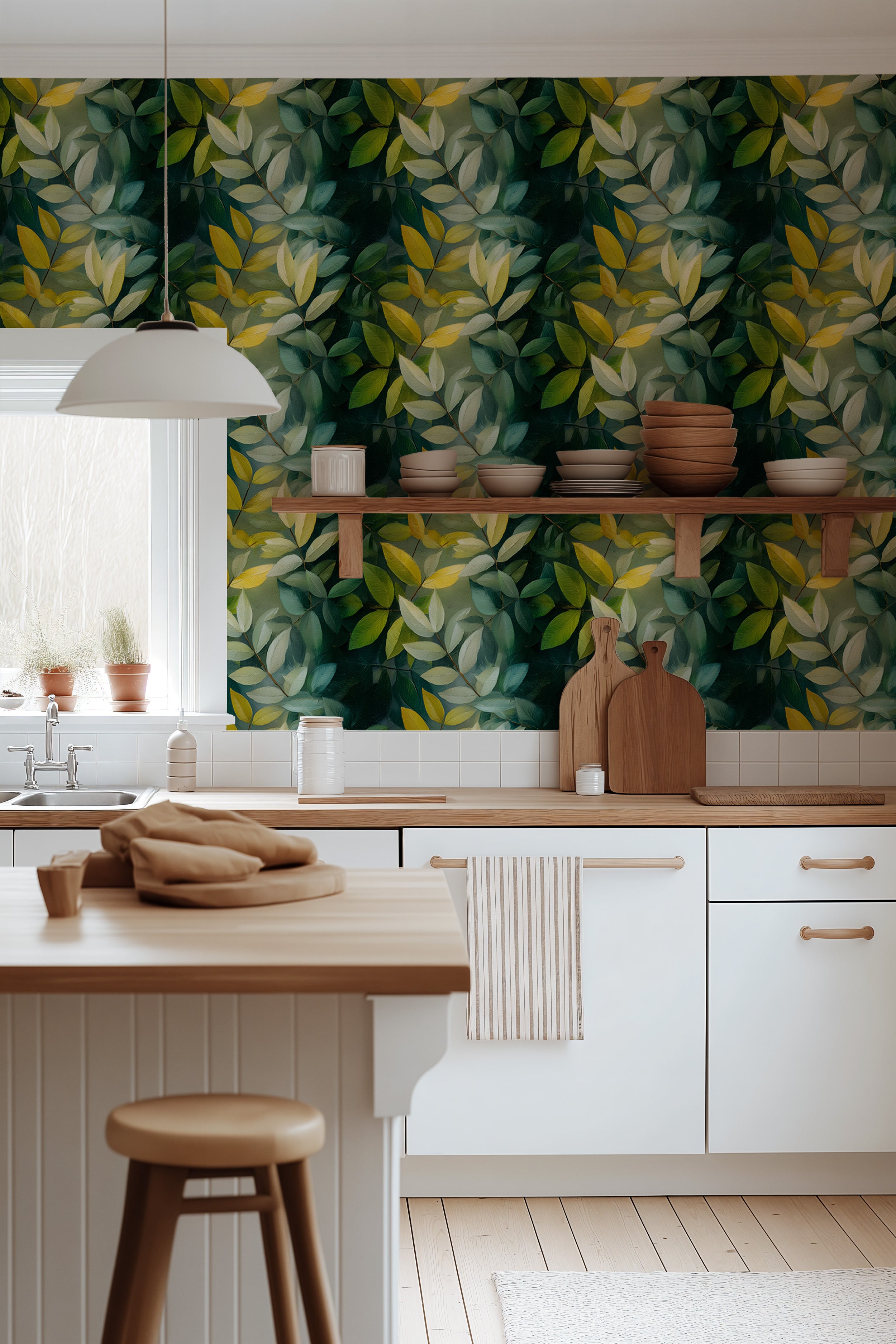 Bright kitchen with green botanical tropical leaf wallpaper, white cabinets, wooden accents, and a white pendant light
