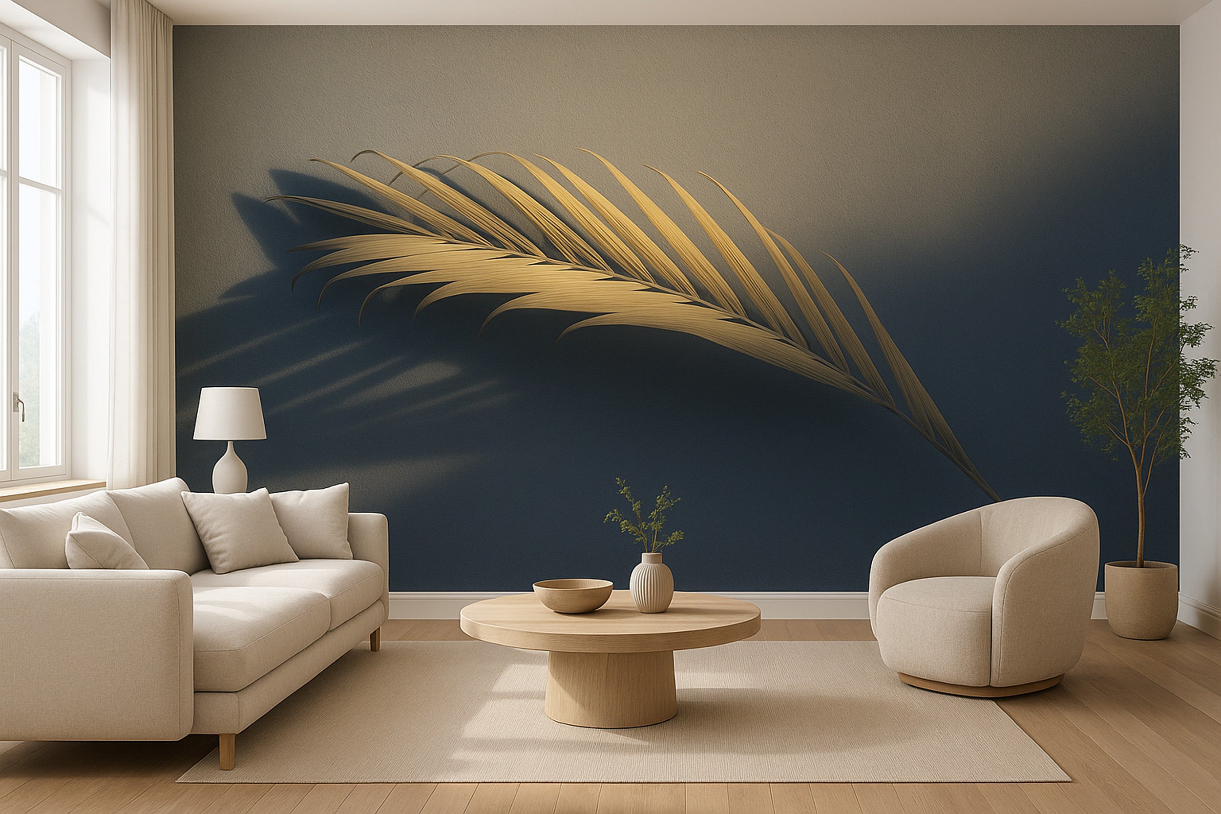 Golden palm leaf mural wallpaper in a contemporary living room with beige sofa and chair, navy gradient background and dramat