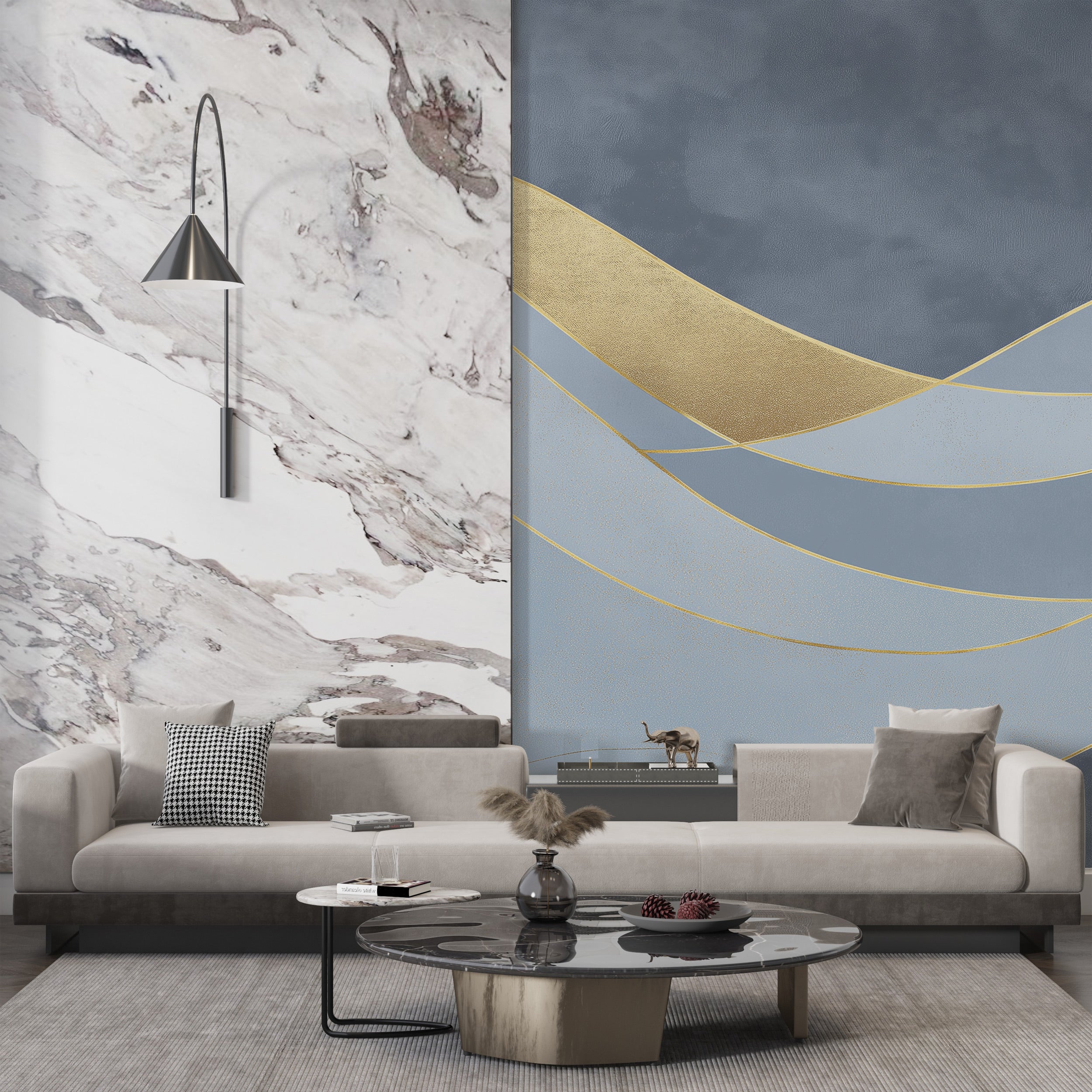 Abstract golden curves mural on blue grey wall with luxe gold accents in modern living room setting