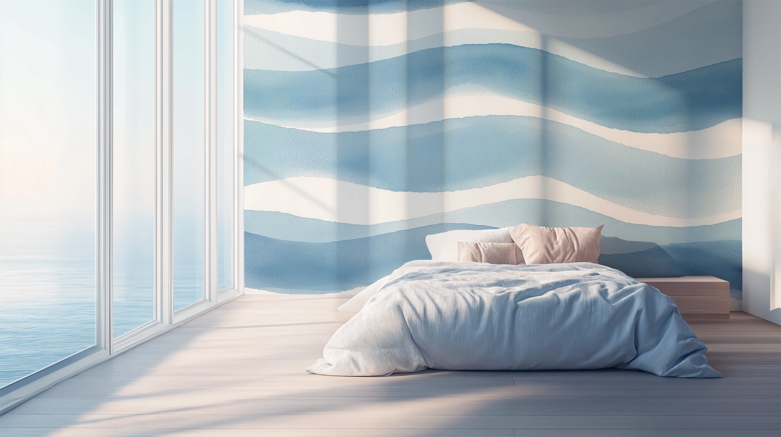 Blue abstract wave mural in a serene bedroom setting with flowing blue and white waves wall decor and soft bedding