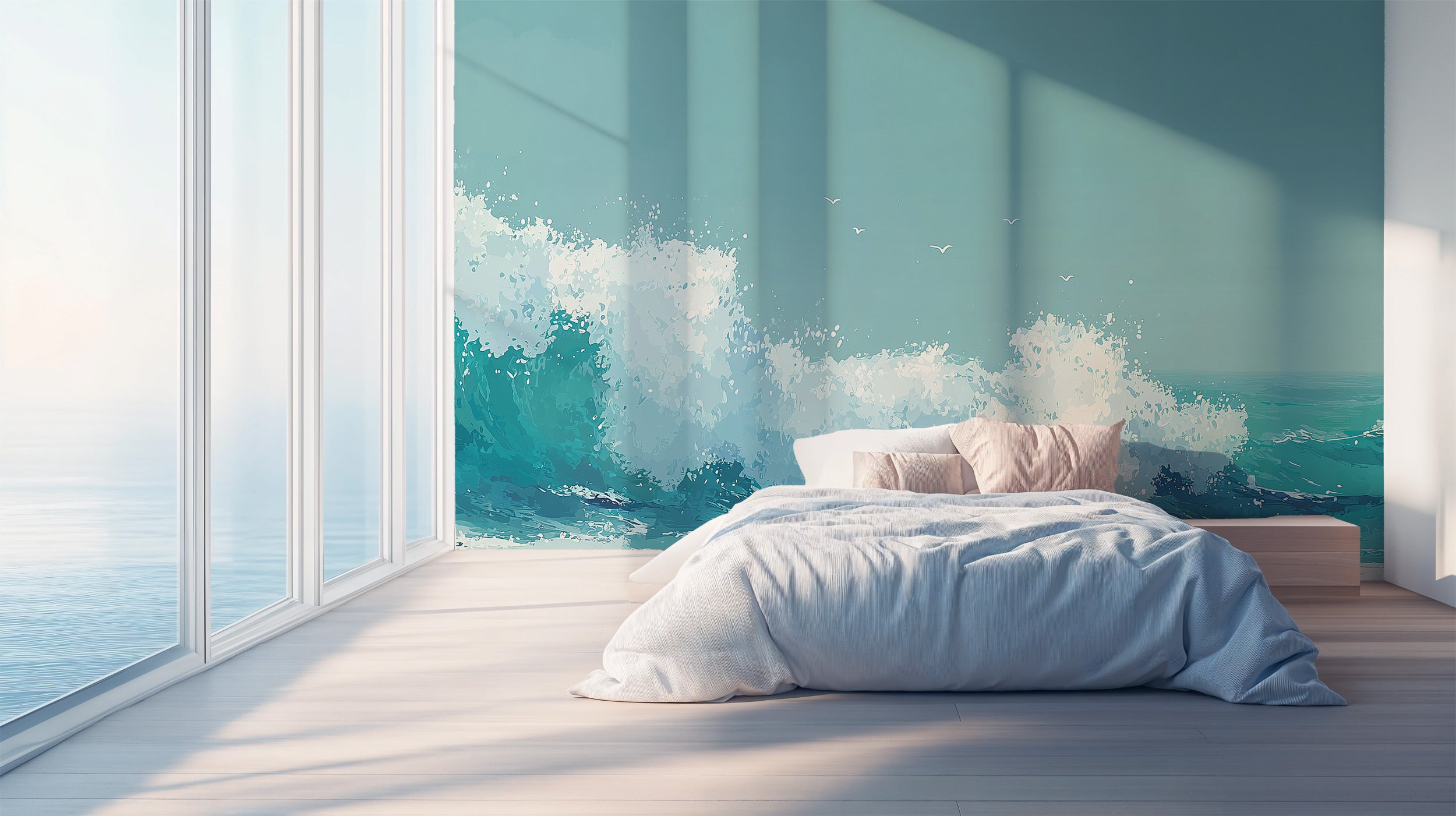 Ocean wave mural in a bright coastal bedroom with turquoise water, white foam, flying seabirds, and soft bedding by a large w
