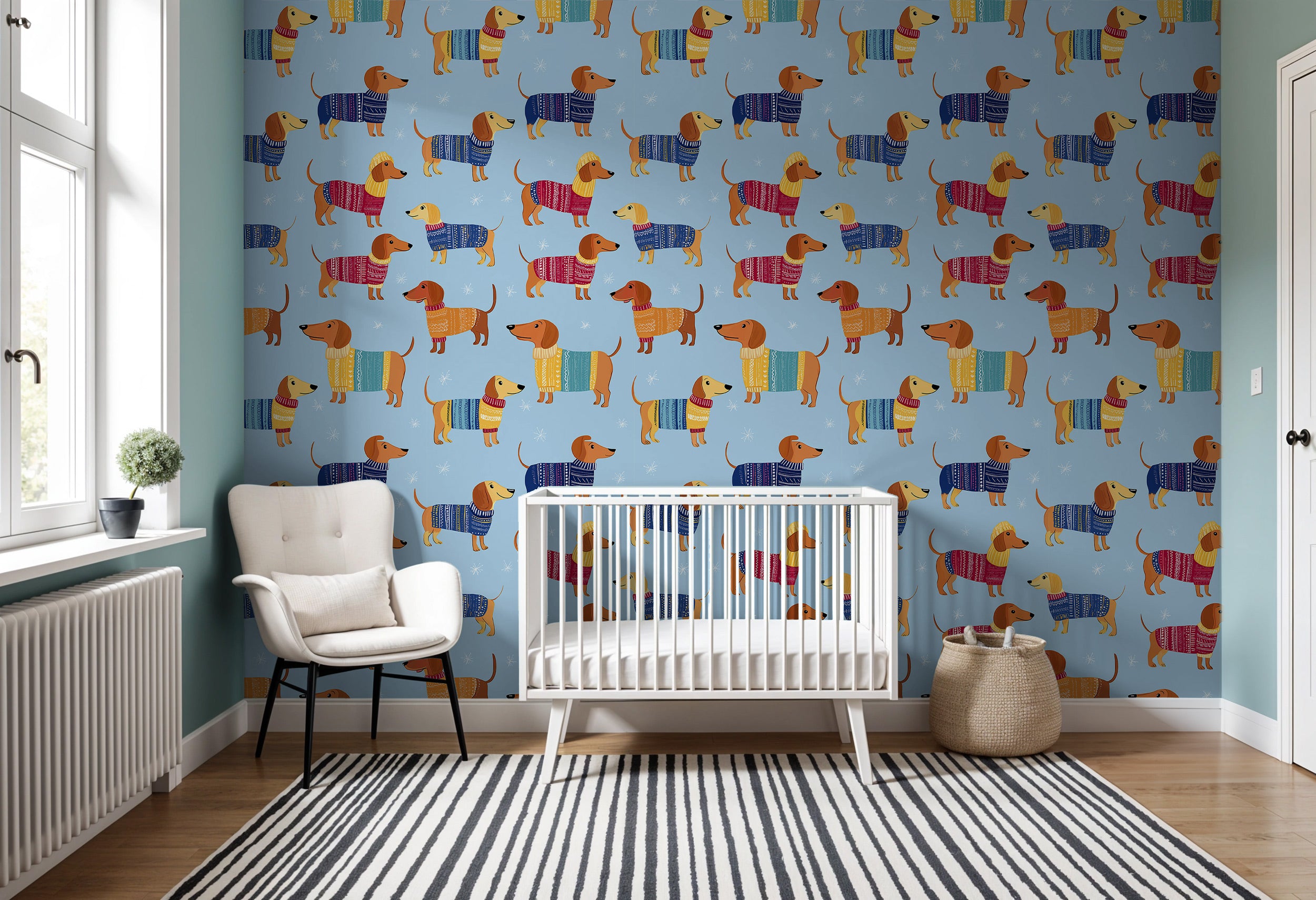 Cozy dachshund Christmas wallpaper in a blue nursery featuring colorful wiener dogs in knitted sweaters, seamless repeat patt