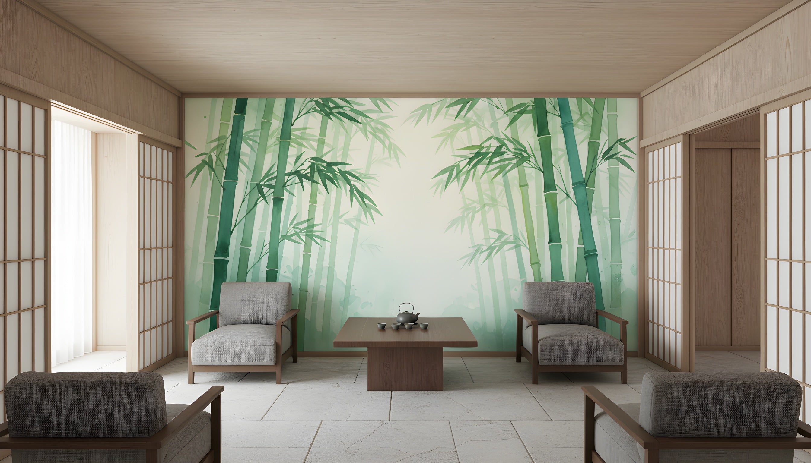Bamboo forest mural in a serene living room with watercolor green stalks and leaves on a pale backdrop, styled in a Zen, Peel and Stick wall art setup