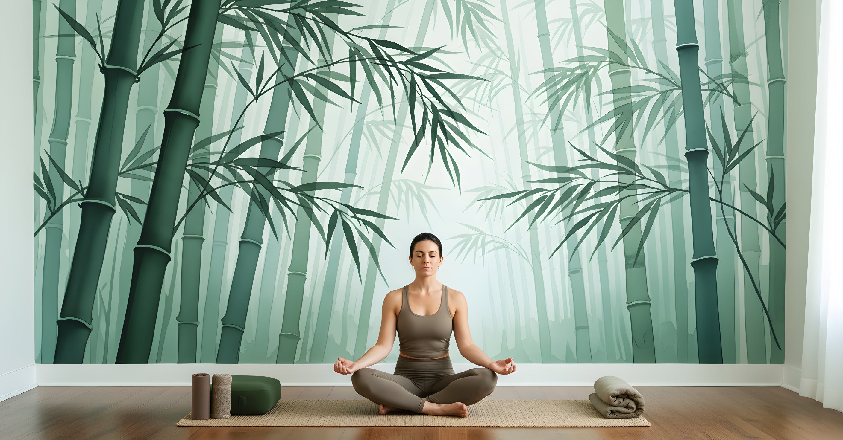 Calm yoga practitioner meditating on a bamboo forest mural in sage green tones, peel and stick wall art ideal for bedroom or meditation space
