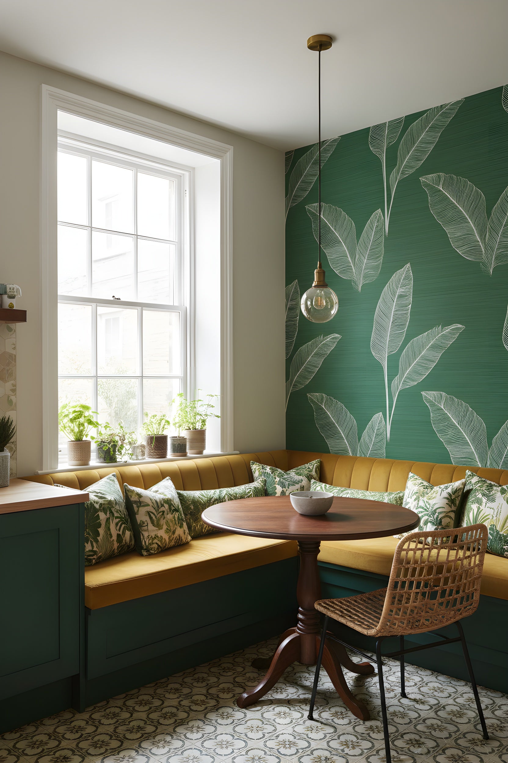 A cozy dining nook with emerald green tropical leaf wallpaper featuring white line art, mustard-yellow bench seating, and a round wooden table under a