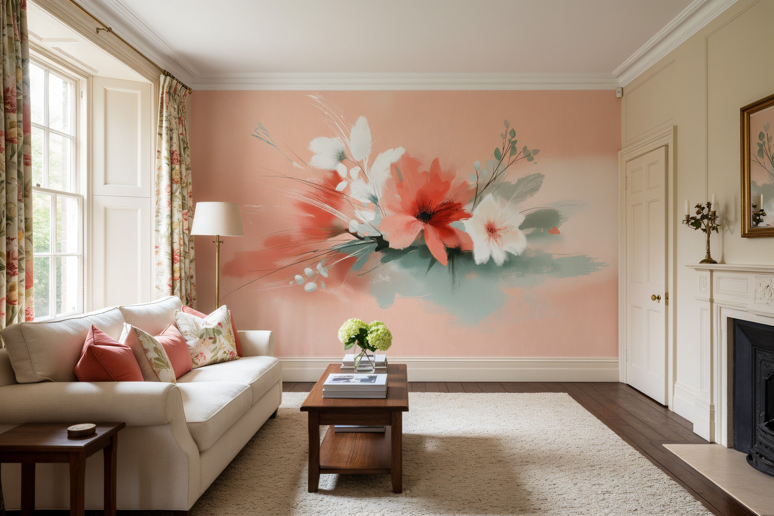 Soft pink cream living room featuring a large abstract floral mural in coral white sage green on the wall behind a beige sofa