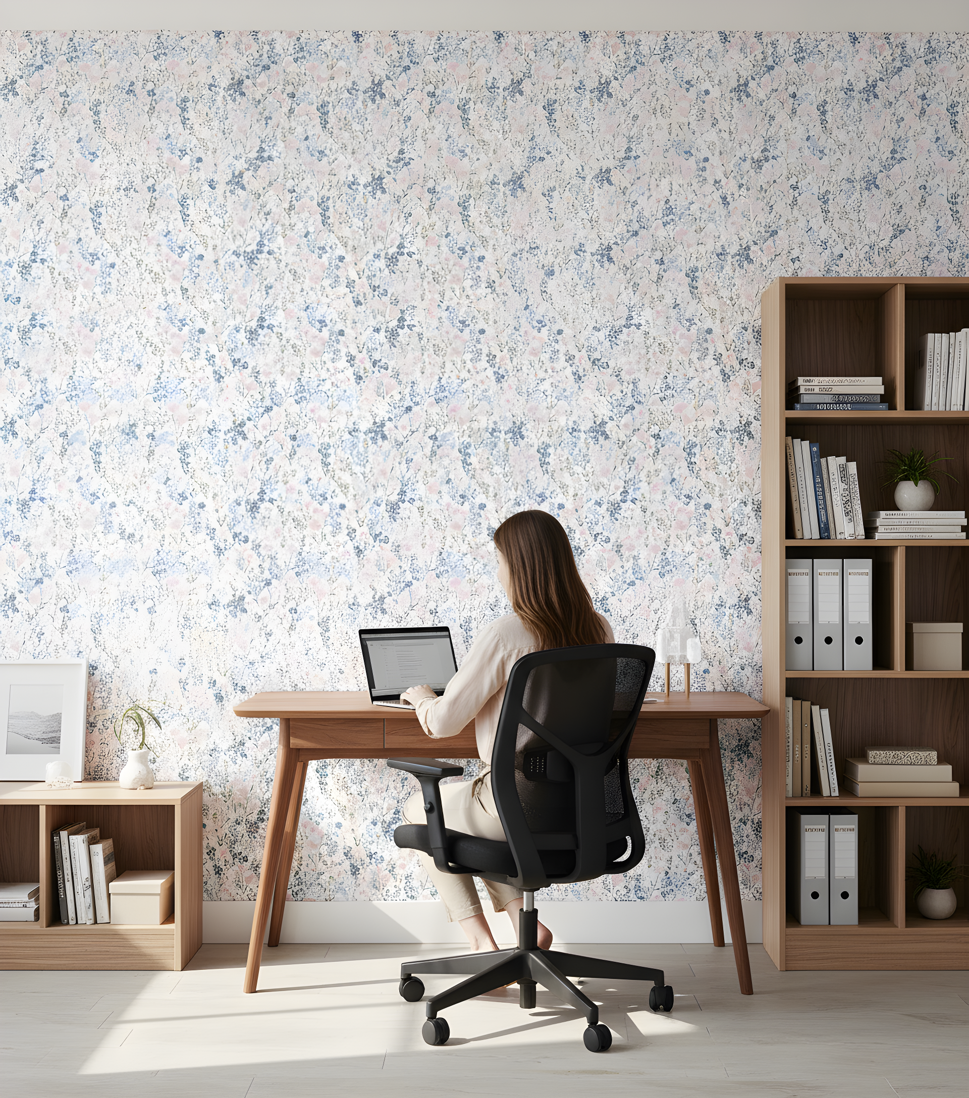 Wildflower meadow wallpaper in soft pink and blue with green stems on white, shown as a home office accent wall behind a desk