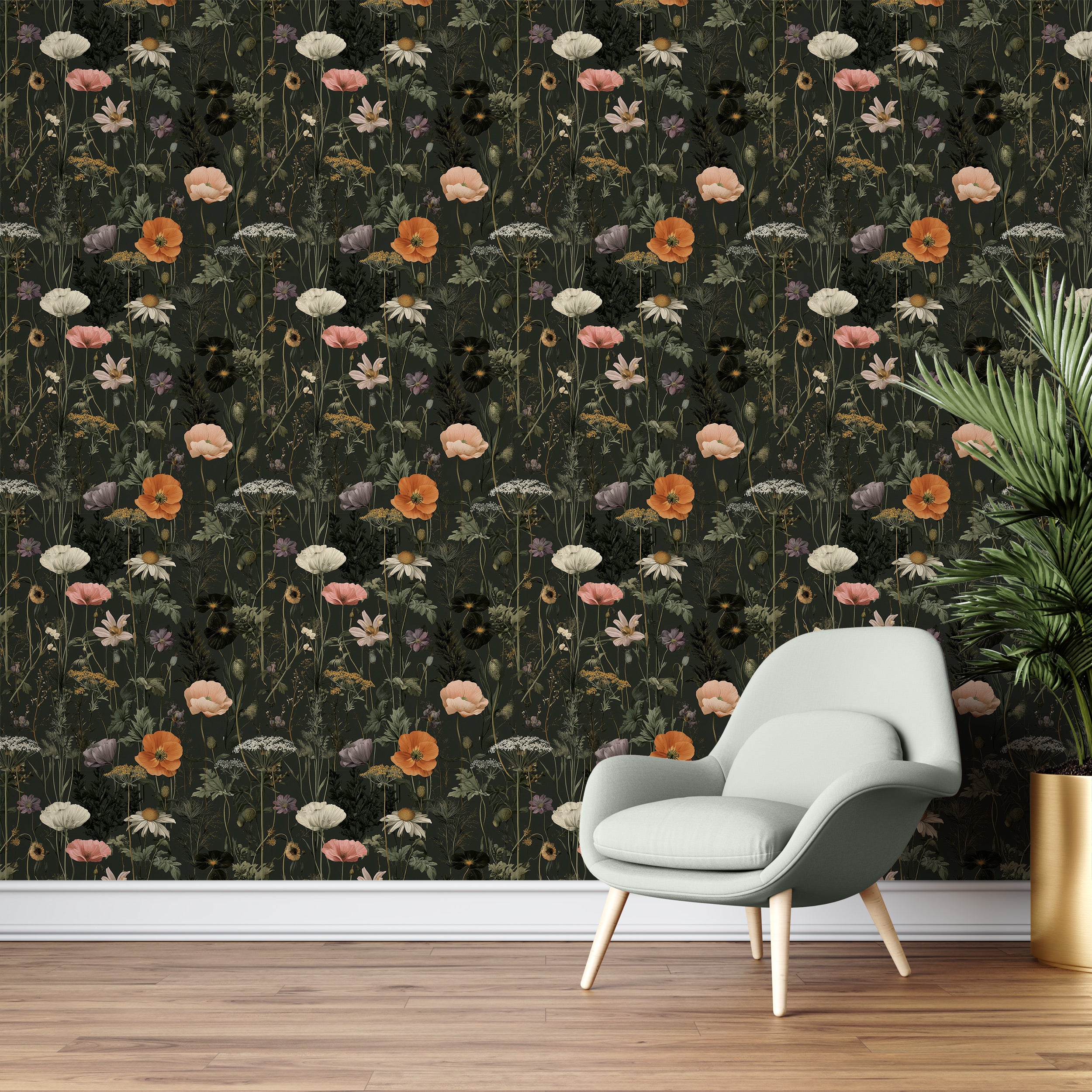 Dark green botanical wallpaper featuring a meadow of coral, cream, and purple wildflowers with daisies and greenery in a livi