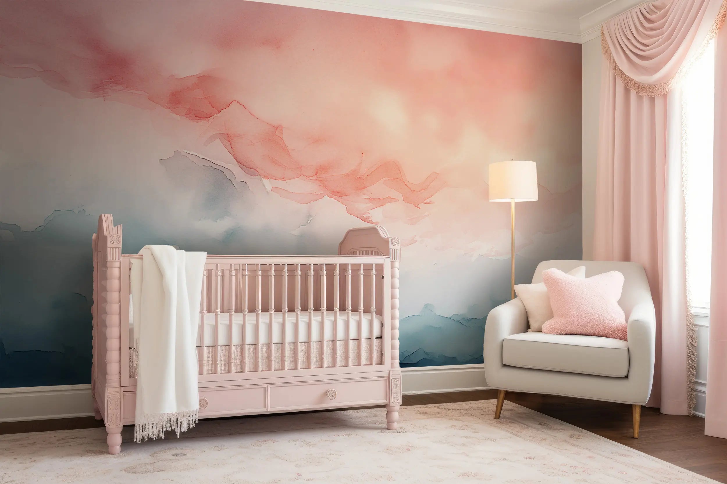 watercolor blue and pink abstract mural in nursery
