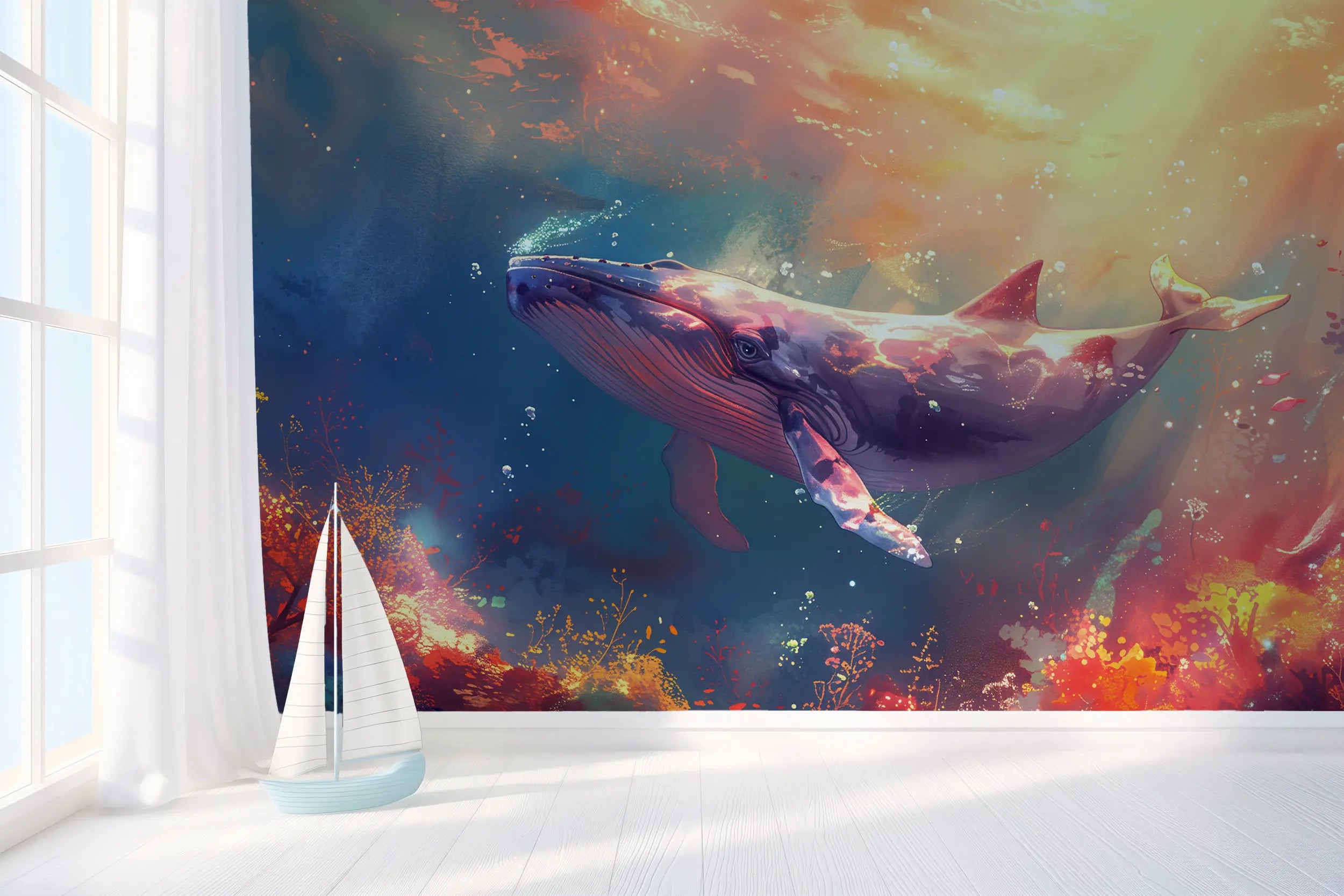 Whale under the sea mural for nursery