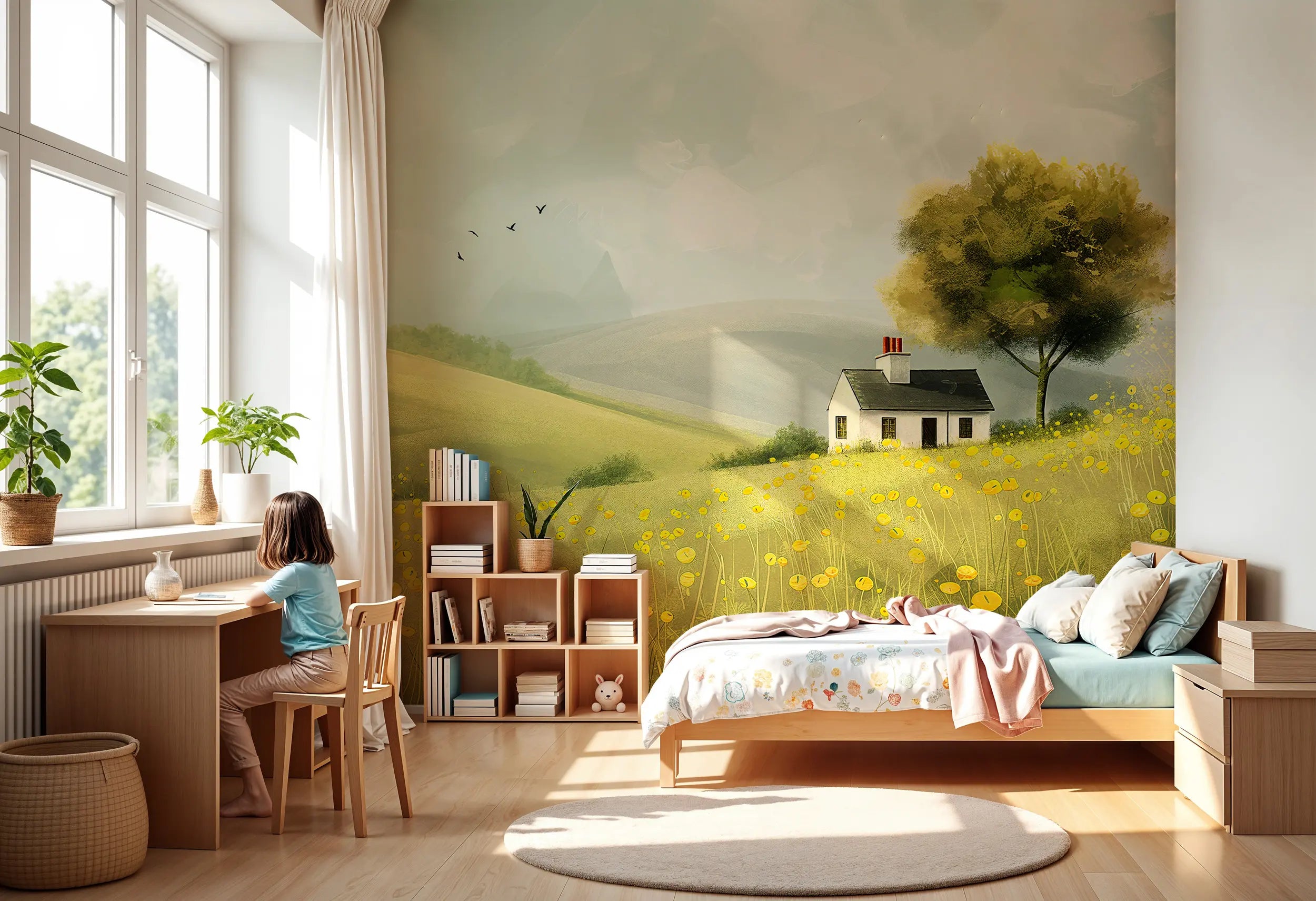 Yellow floral countryside mural for nursery