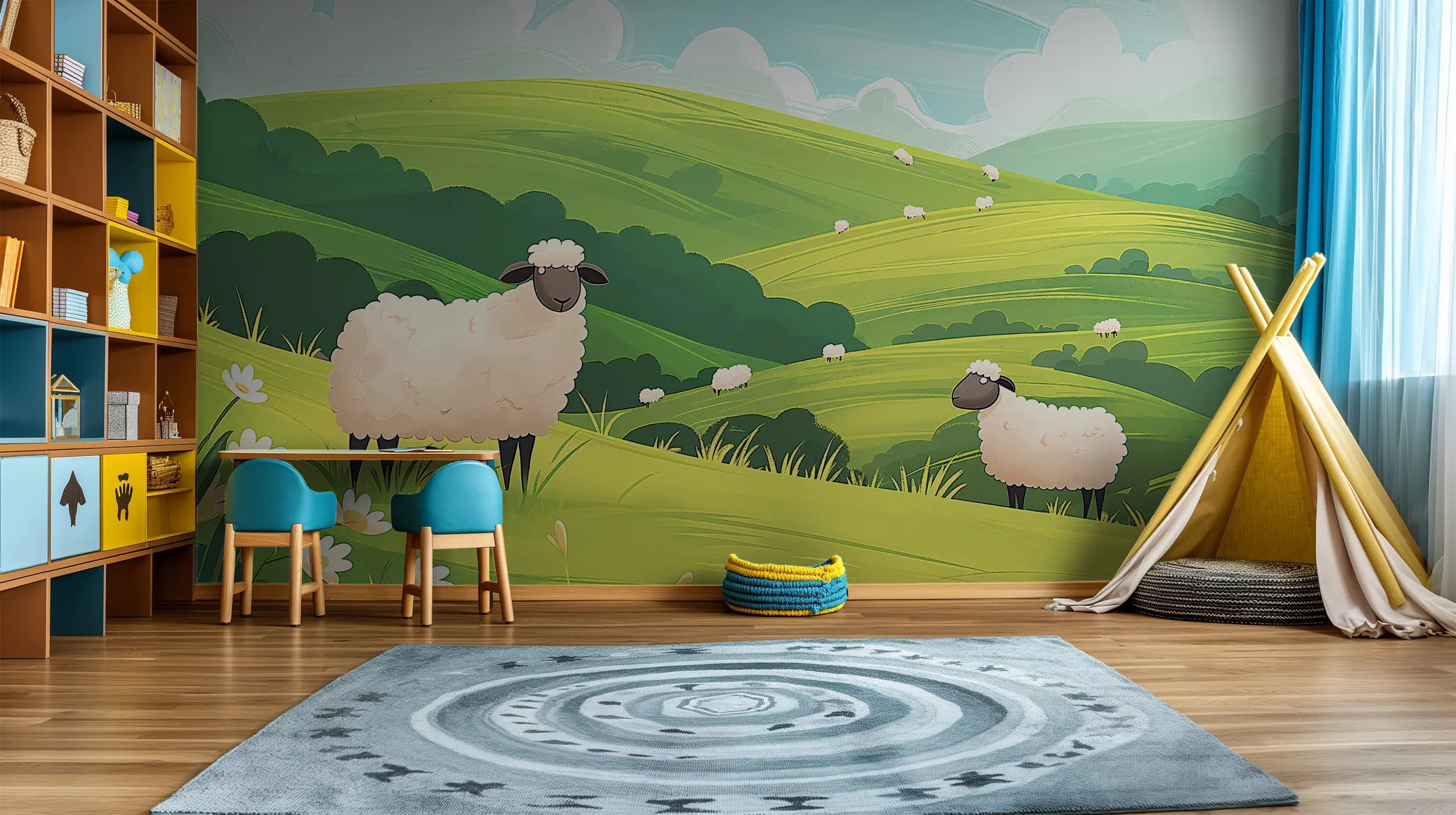 Pastoral landscape sheep mural for children