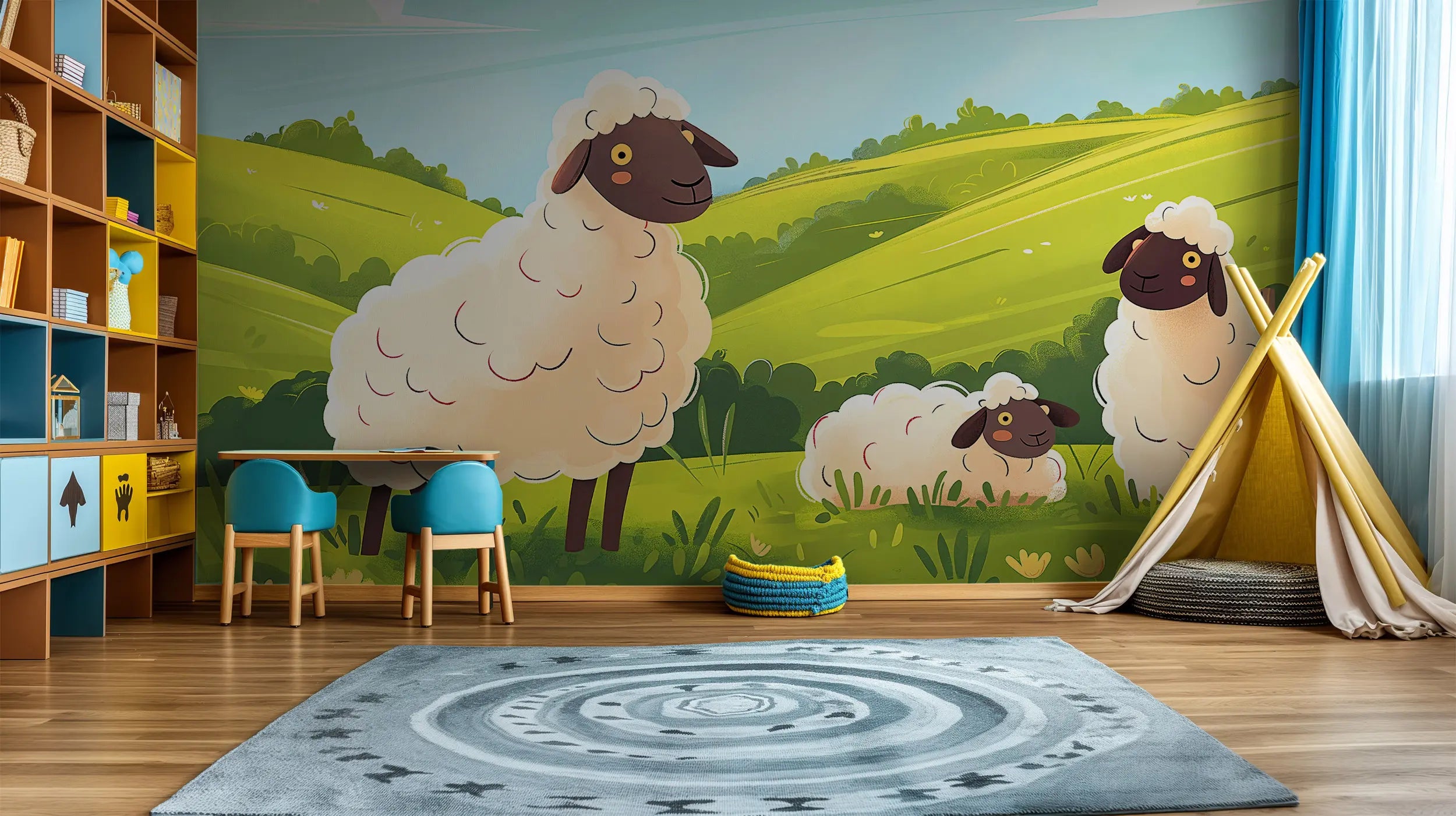 Pastoral sheep mural for kids room